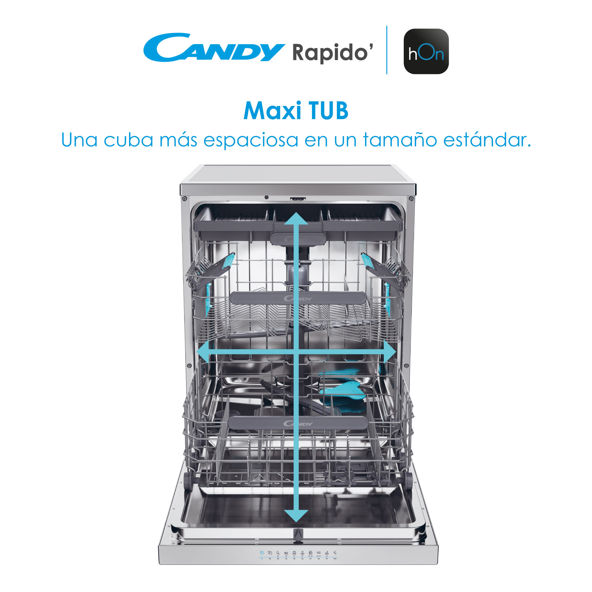 Un lavavajillas con la puerta abierta, mostrando el interior con rejillas y texto arriba.