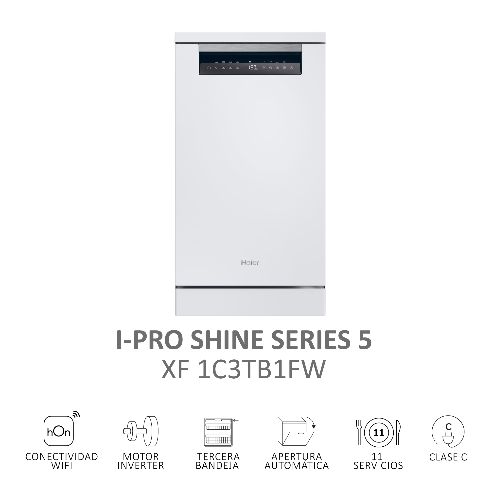 Un lavavajillas Haier blanco con pantalla digital e iconos. El nombre del producto es visible.