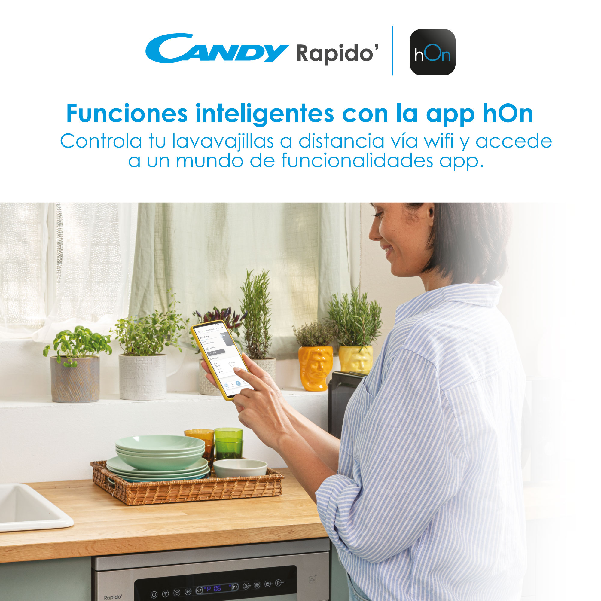 Mujer usando un teléfono, junto a plantas y un lavavajillas. Texto: 'Candy Rapido' y 'hOn'.