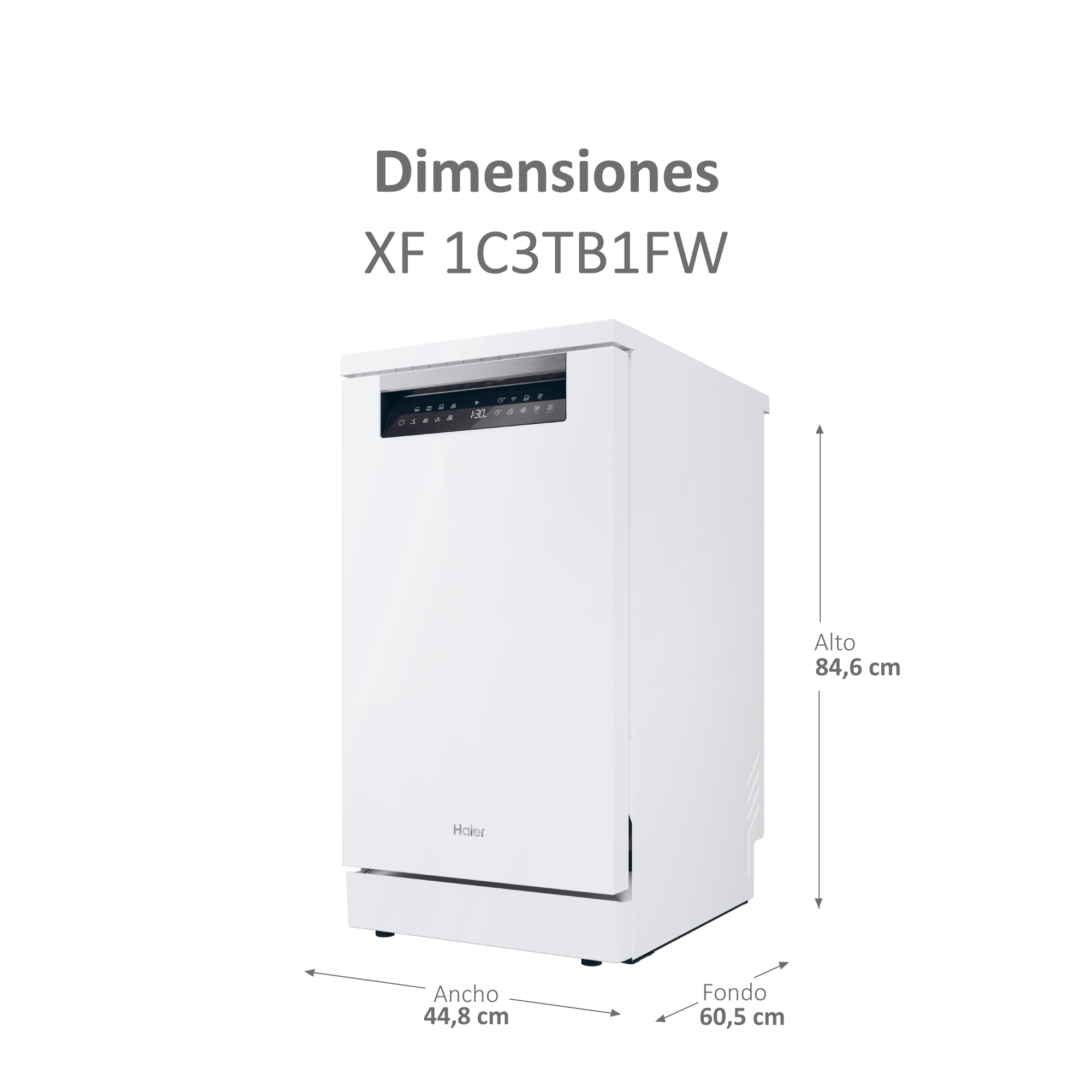 Lavavajillas Haier blanco, vista lateral. Dimensiones en español.