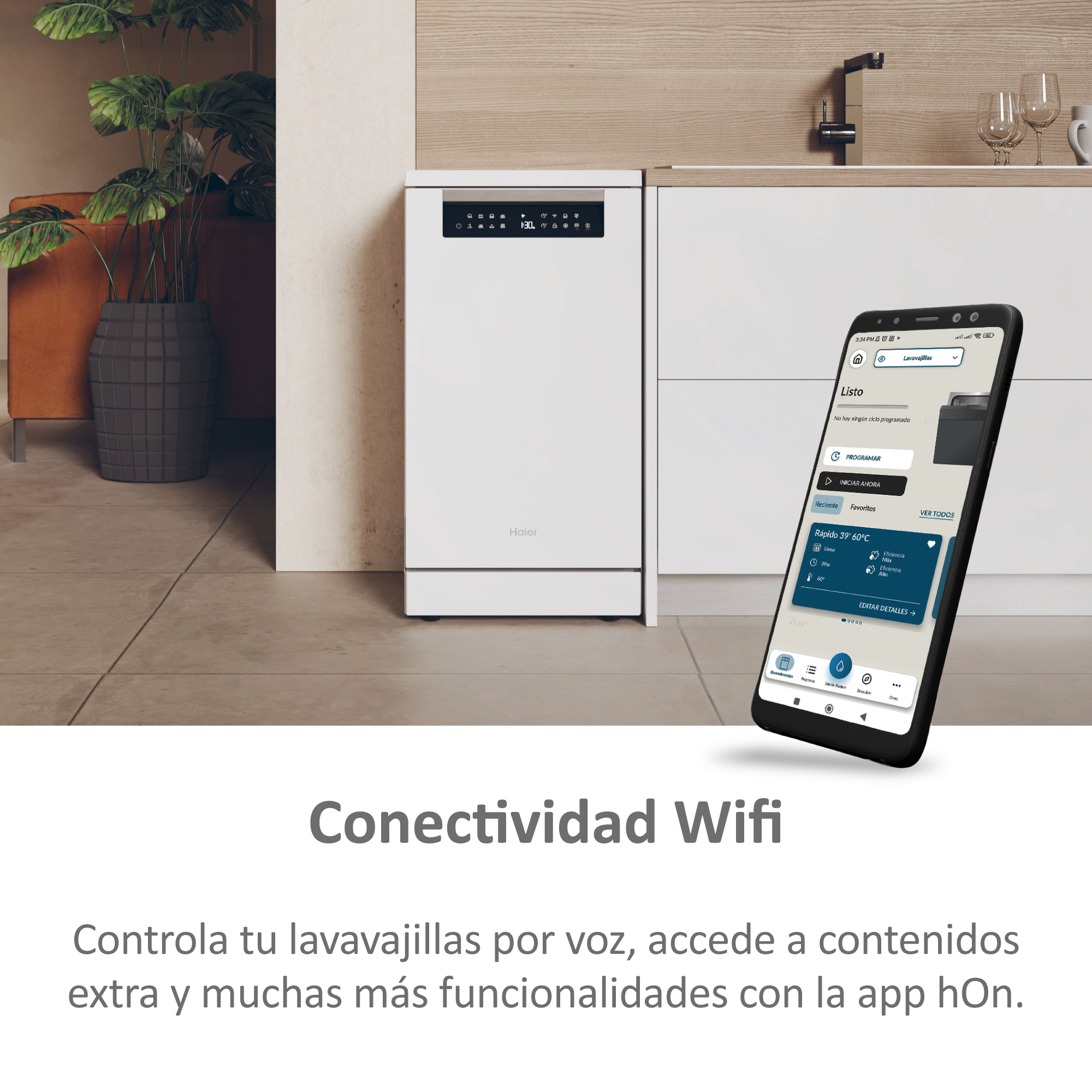 Lavavajillas blanco y un smartphone con app en pantalla. Ambiente de cocina.