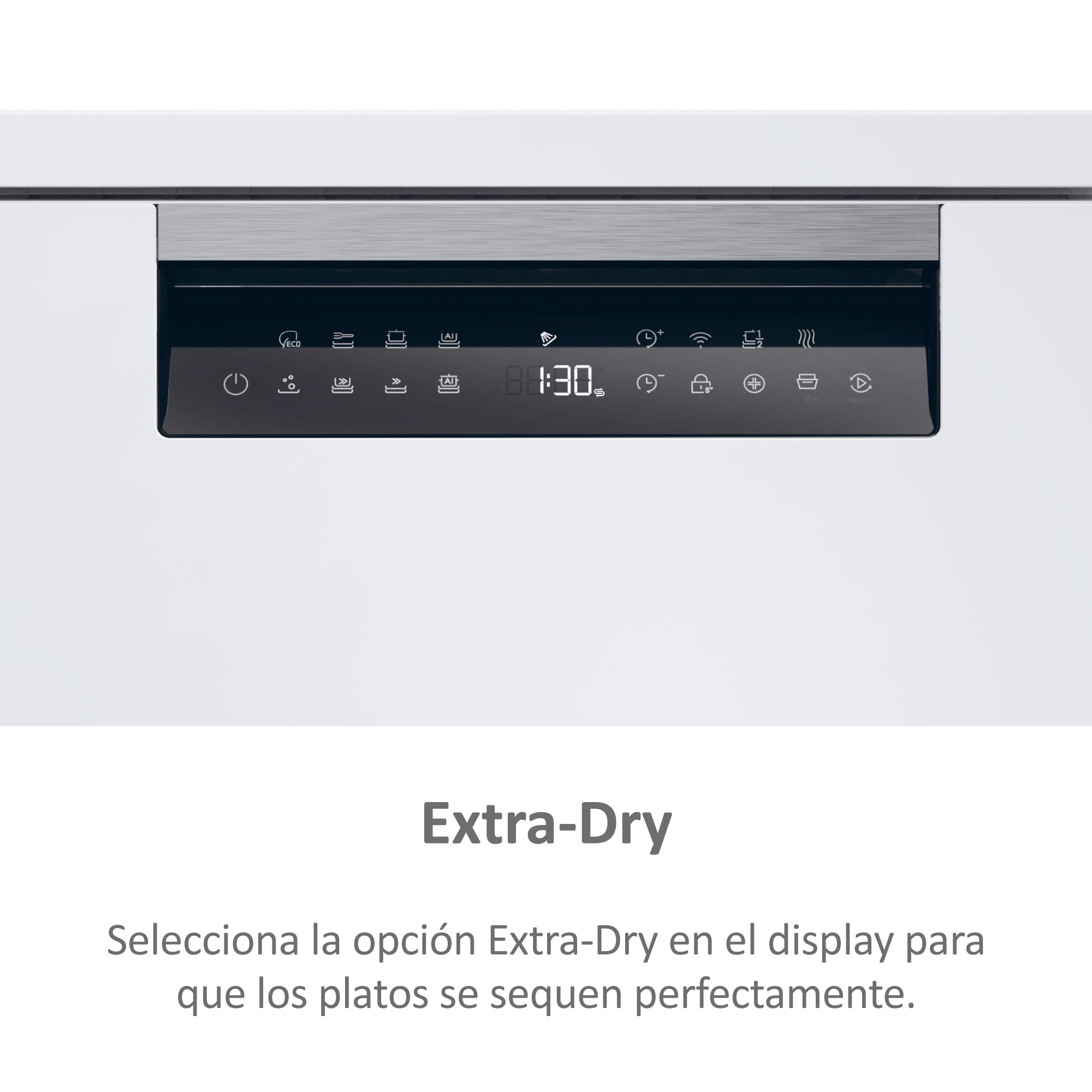 Un panel de control de lavavajillas blanco con varios símbolos y una pantalla digital que muestra la hora 8:30.