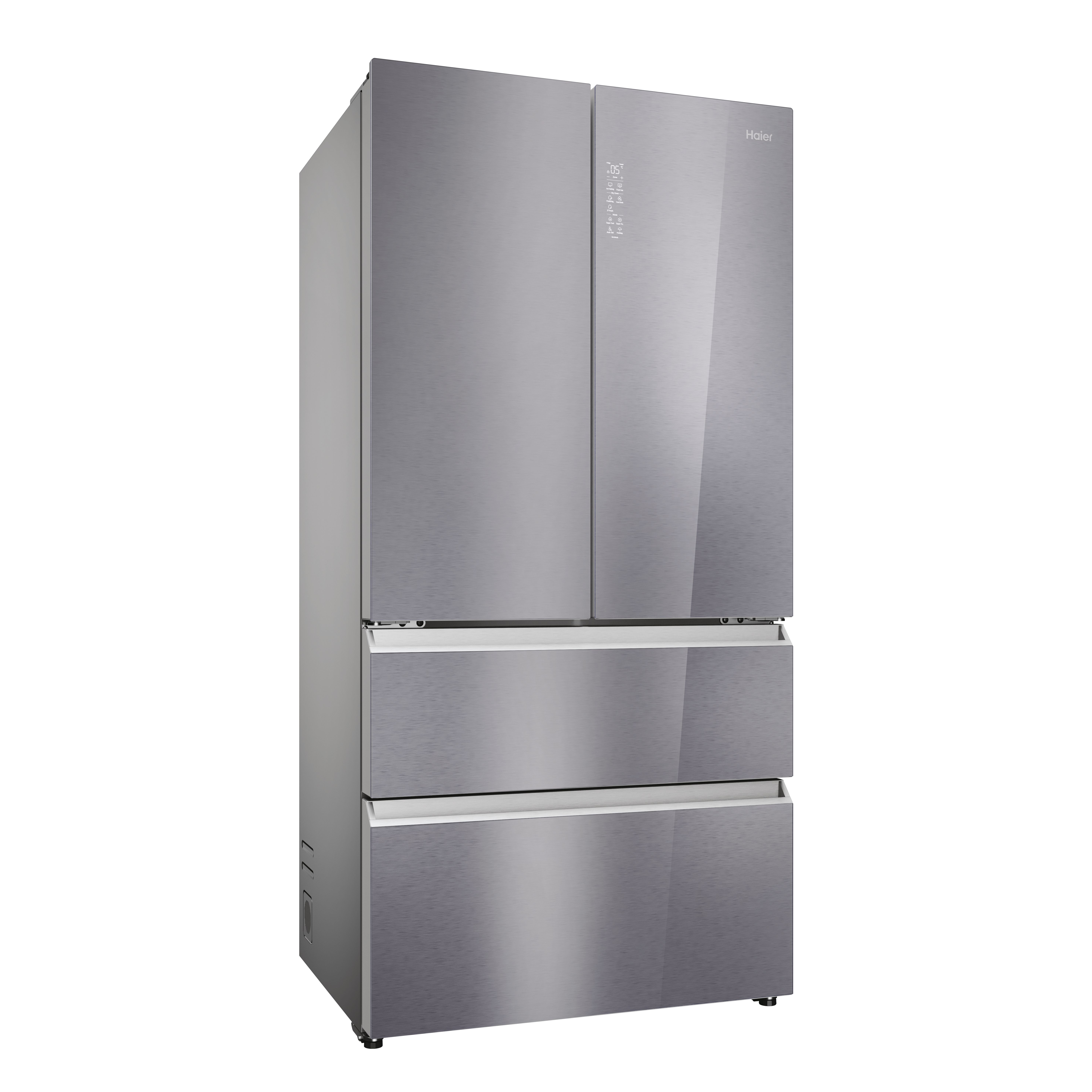 Un frigorífico Haier de acero inoxidable con cuatro puertas y cajones.
