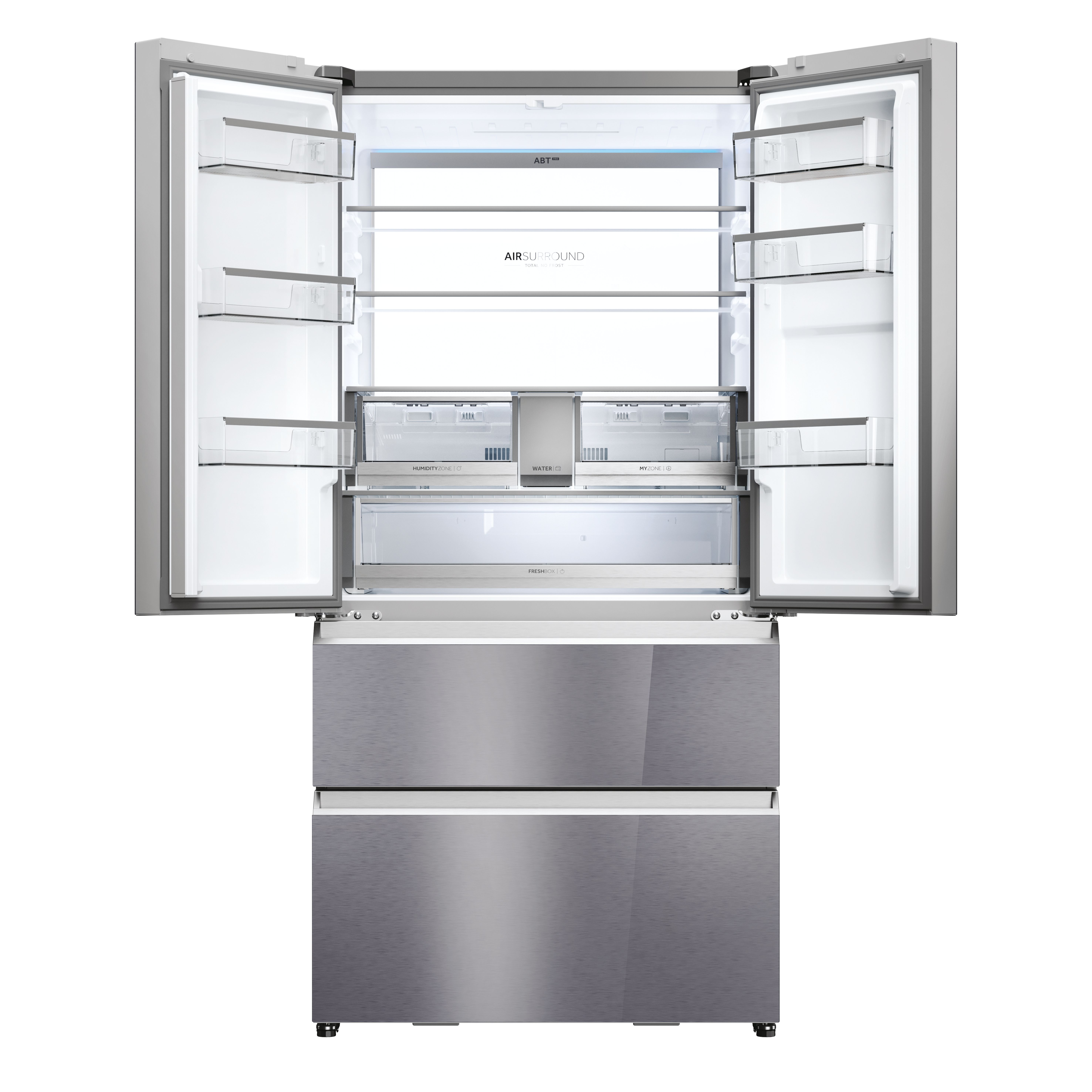 Refrigerador de acero inoxidable con puertas abiertas, mostrando compartimentos interiores.