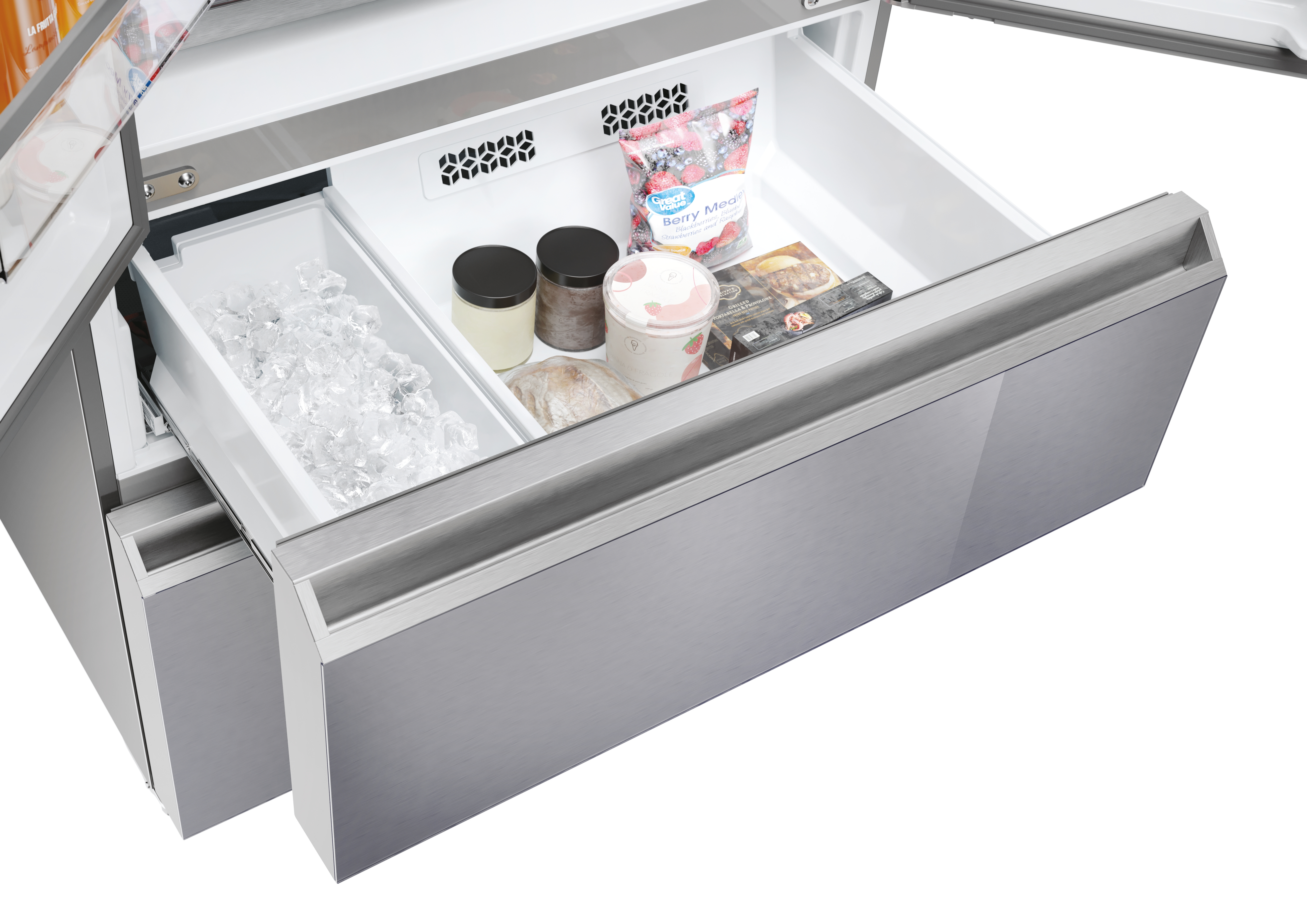 Cajones del refrigerador abiertos, cubitos de hielo y alimentos congelados.