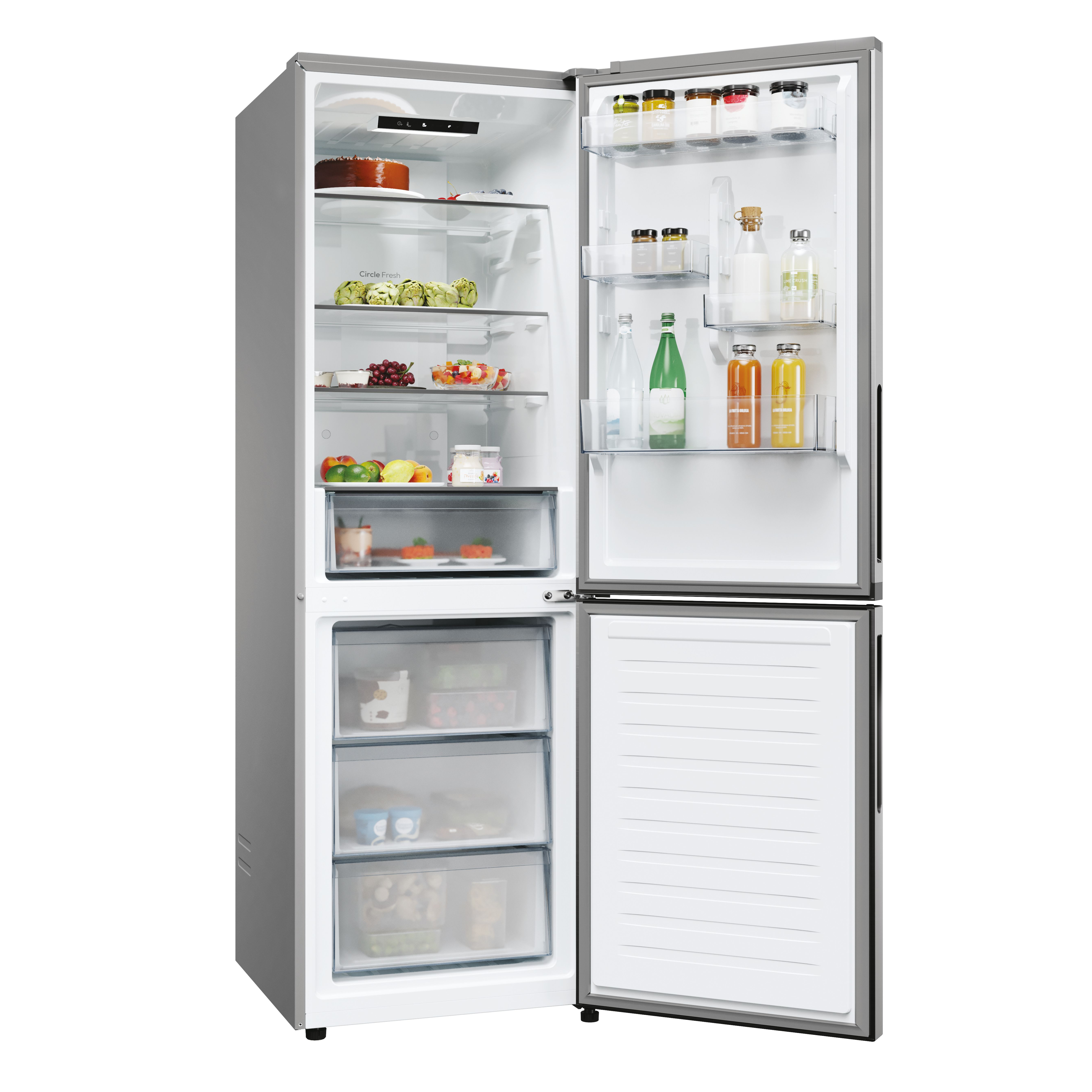 Refrigerador abierto mostrando estantes con alimentos; fresco y organizado.