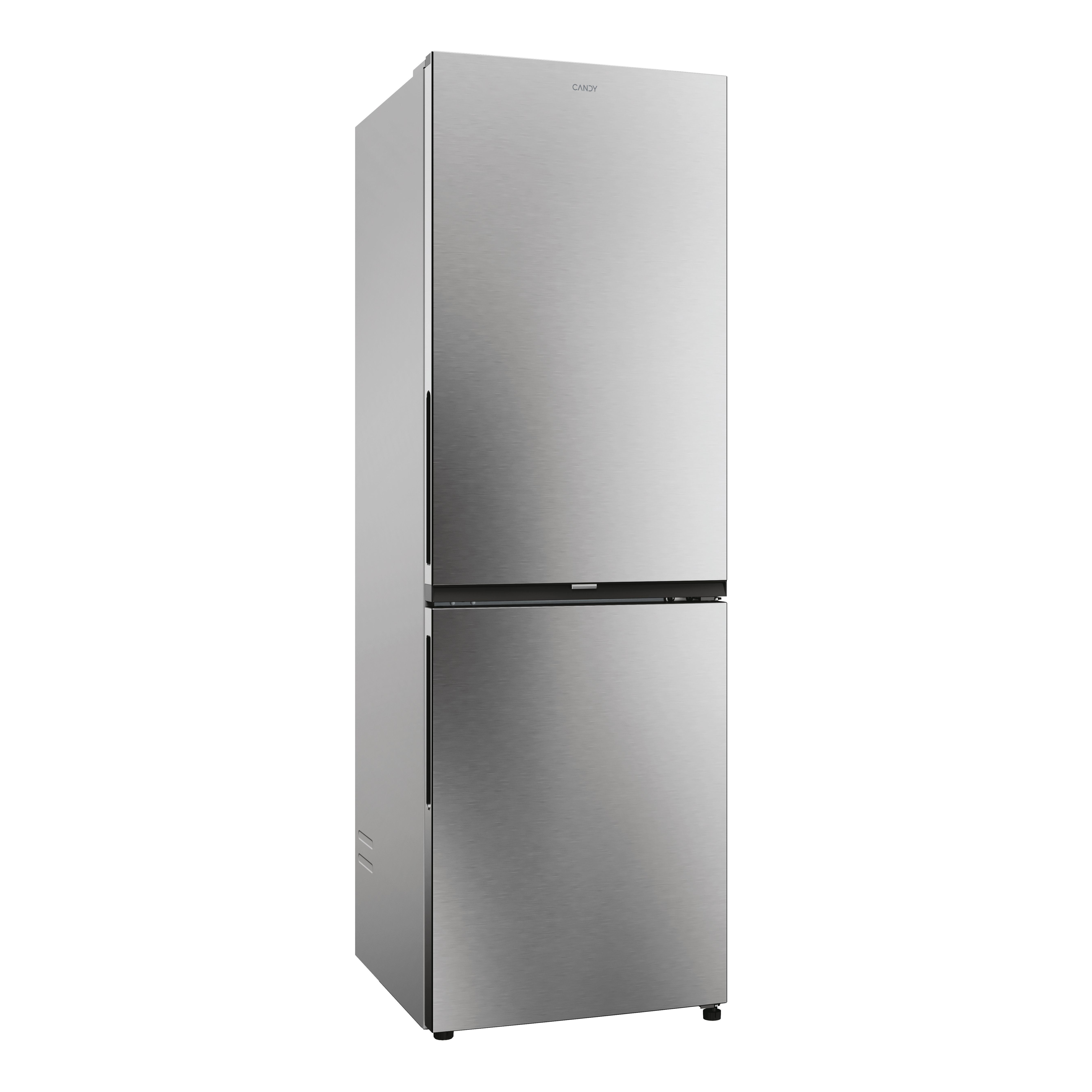 Refrigerador de acero inoxidable con congelador abajo y logo de Candy.
