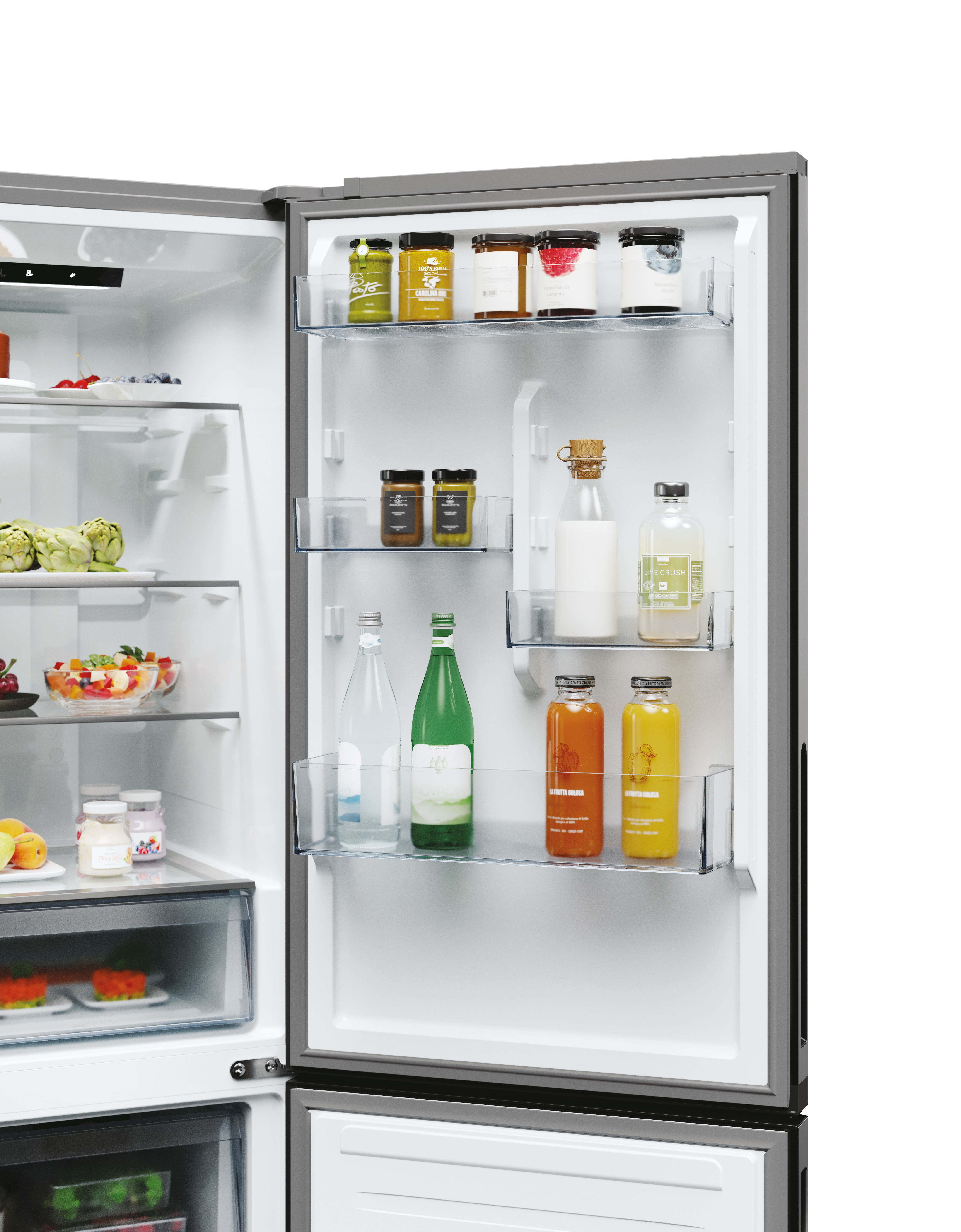 Refrigerador abierto con estantes de frascos, botellas y alimentos. Interior blanco.