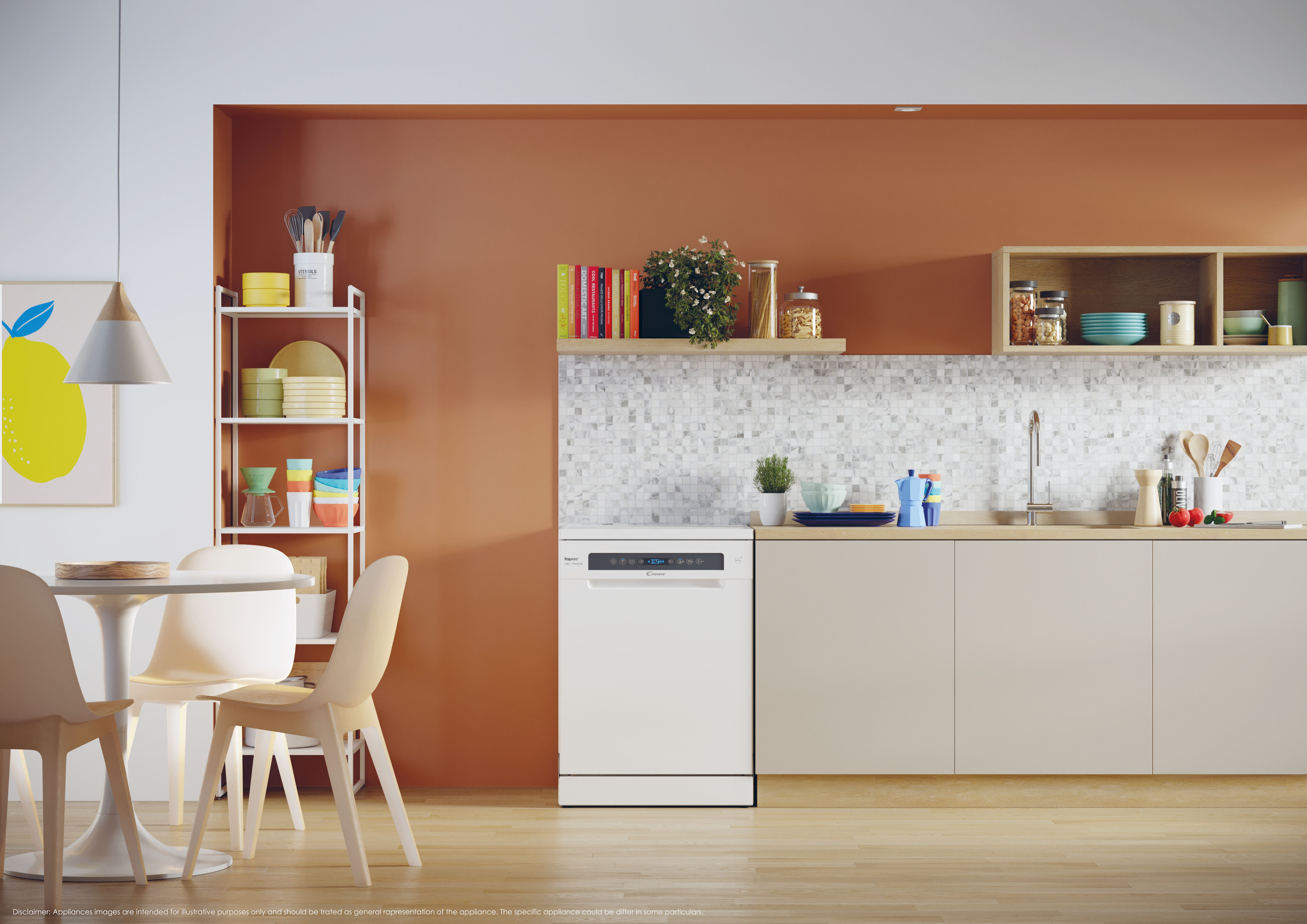 Escena de cocina con lavavajillas blanco, mesa, sillas y pared naranja.