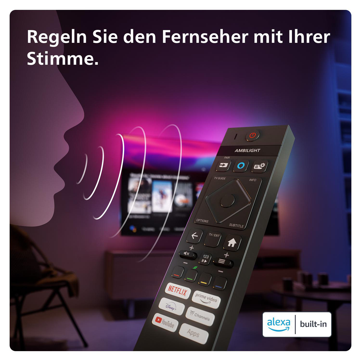 Eine Person spricht mit einer Fernbedienung mit Bildschirm. Der Bildschirm zeigt einen Fernseher.