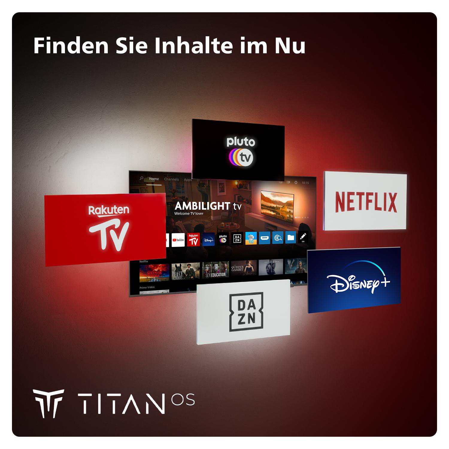 TV-Bildschirm mit Logos von Streaming-Diensten: Rakuten, Netflix, Disney+ und DAZN.