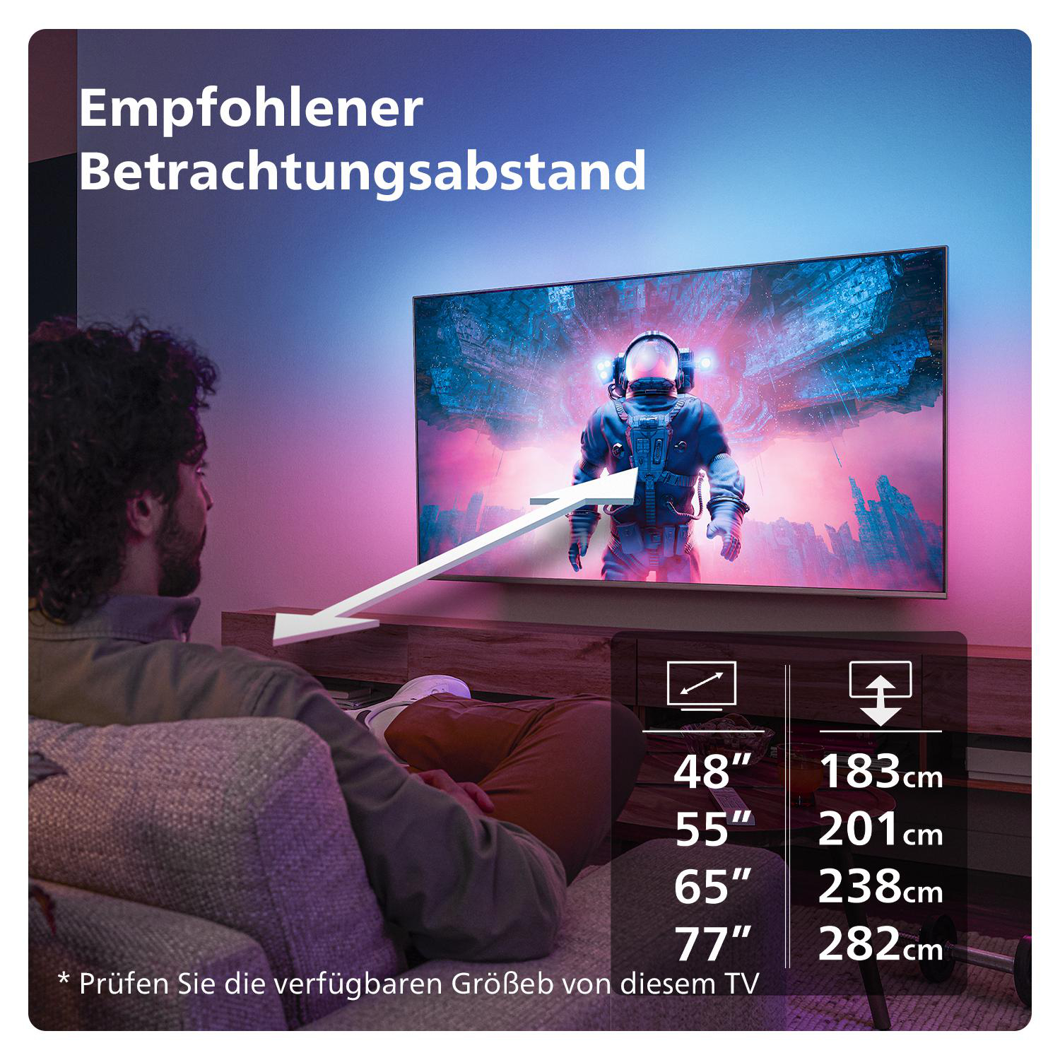 Mann sieht Fernseher mit Astronautenbild. Text zeigt empfohlene Betrachtungsabstände für Größen.