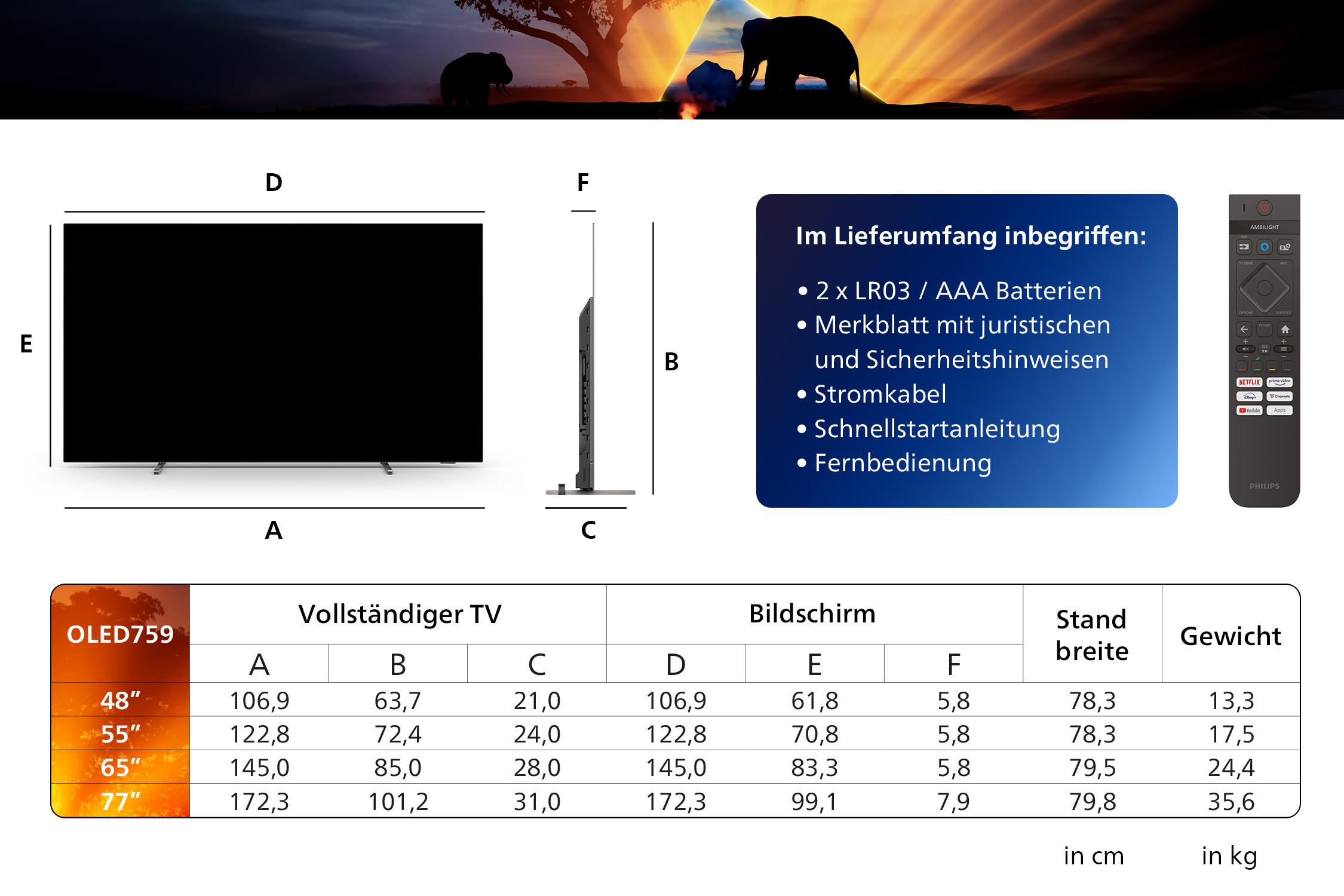 Ein Fernseher mit Abmessungen, Spezifikationen und Zubehör. Enthält eine Fernbedienung. Elefantensilhouette im Hintergrund.