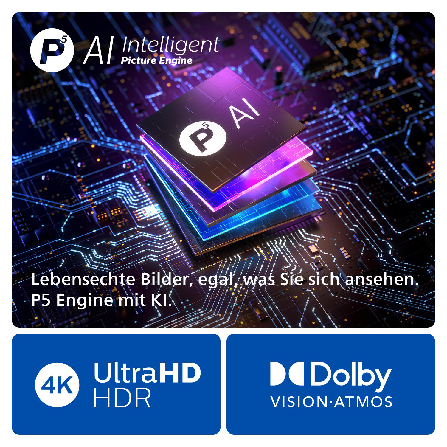 Werbung für einen Fernseher mit P5 KI-Engine, mit 4K Ultra HD und Dolby Vision Atmos.