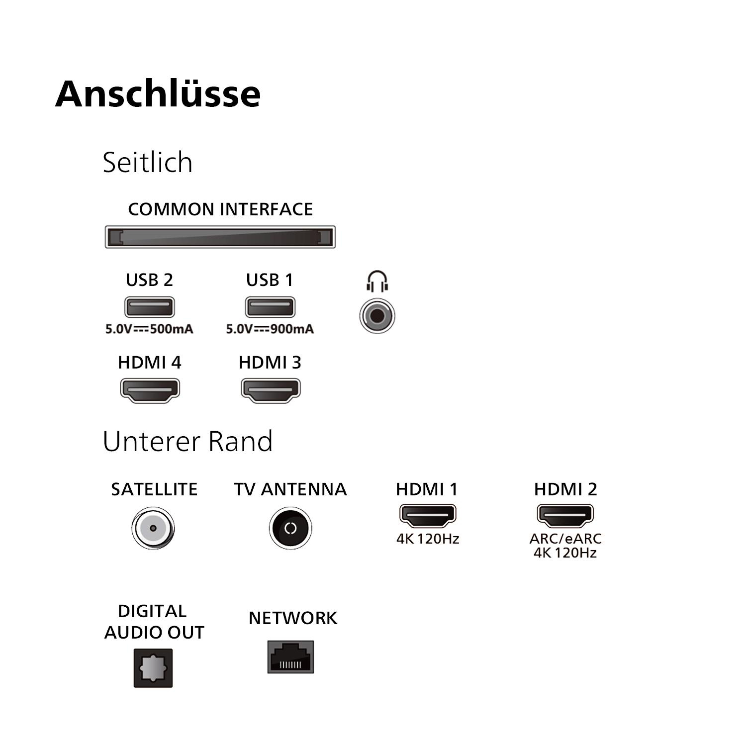 TV-Anschlüsse, einschließlich USB, HDMI und Netzwerk, beschriftet auf weißem Hintergrund.