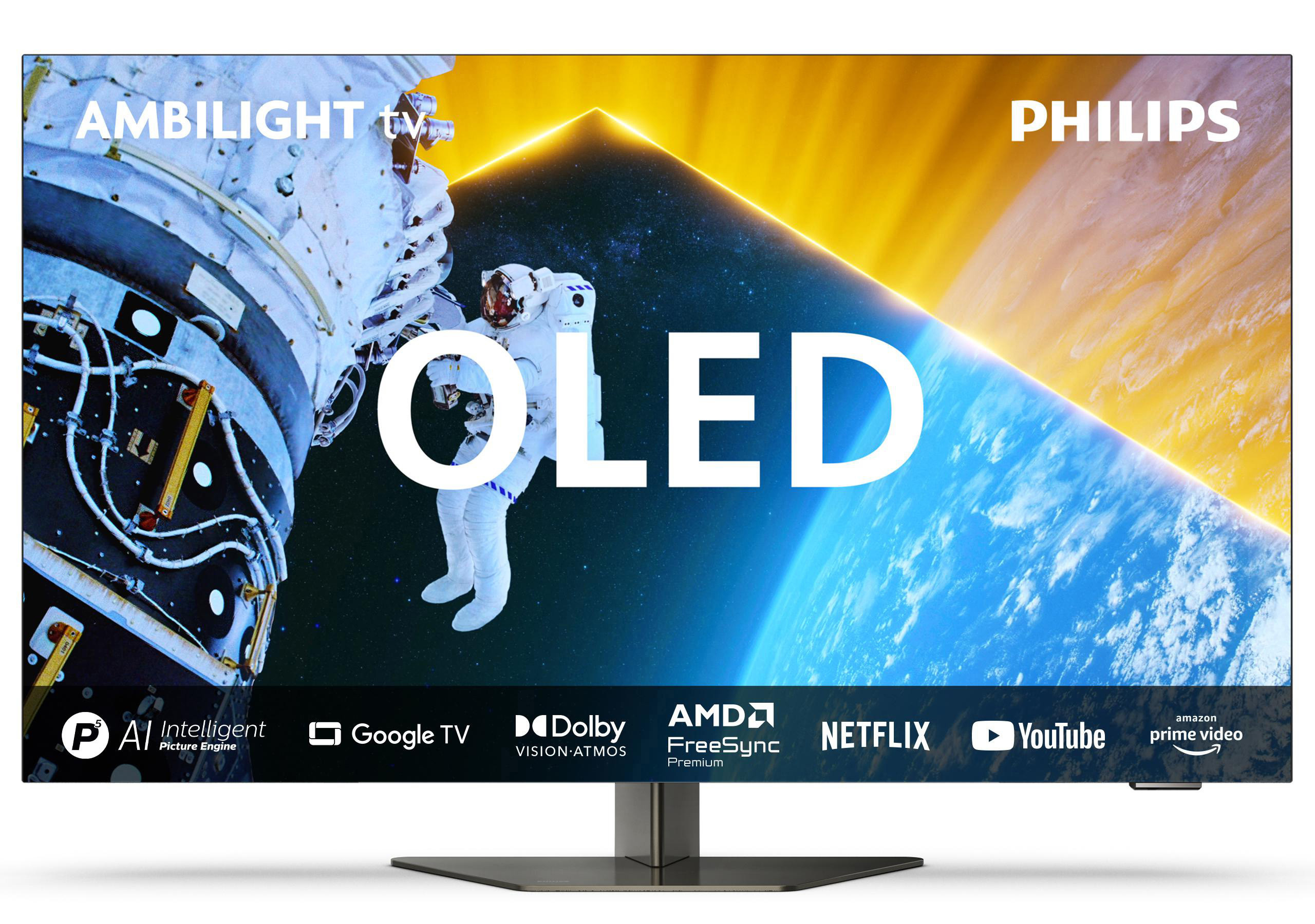 Ein moderner Fernseher mit OLED- und Ambilight-Funktionen. Zeigt einen Astronauten im Weltraum mit der Erde im Hintergrund.