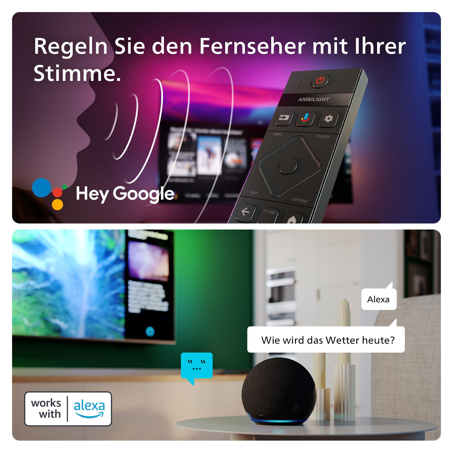 Smart Home-Setup mit Sprachsteuerung, Lautsprecher und Bildschirm mit Text.