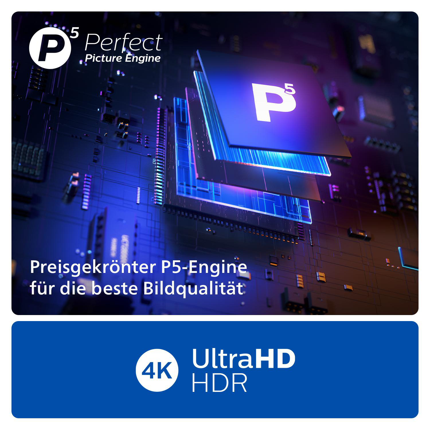 Ein Bildschirm mit Text, einem Bild einer Platine und einem 4K HDR-Logo.