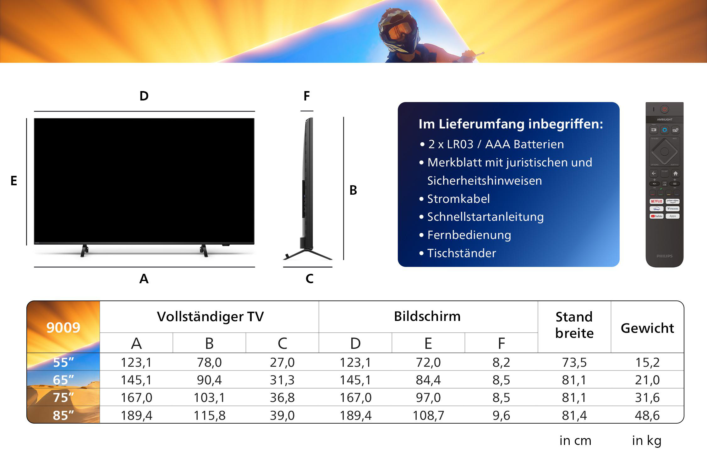 Diagramm eines Fernsehers mit Abmessungen und Fernbedienung. Text enthält Abmessungen und Merkmale.