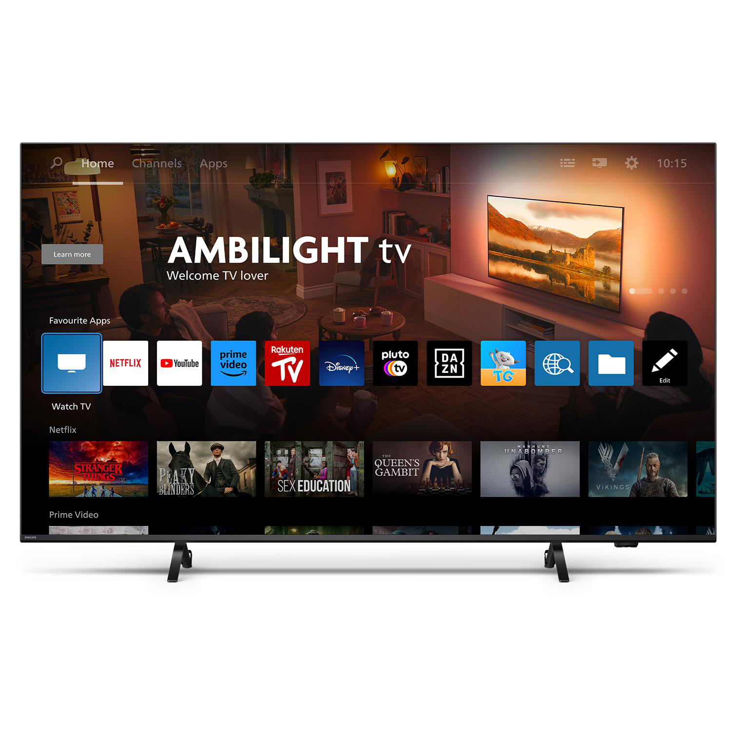 Ein Smart-TV zeigt einen Home-Screen mit App-Symbolen. Eine Person sitzt auf der Couch und schaut fern.
