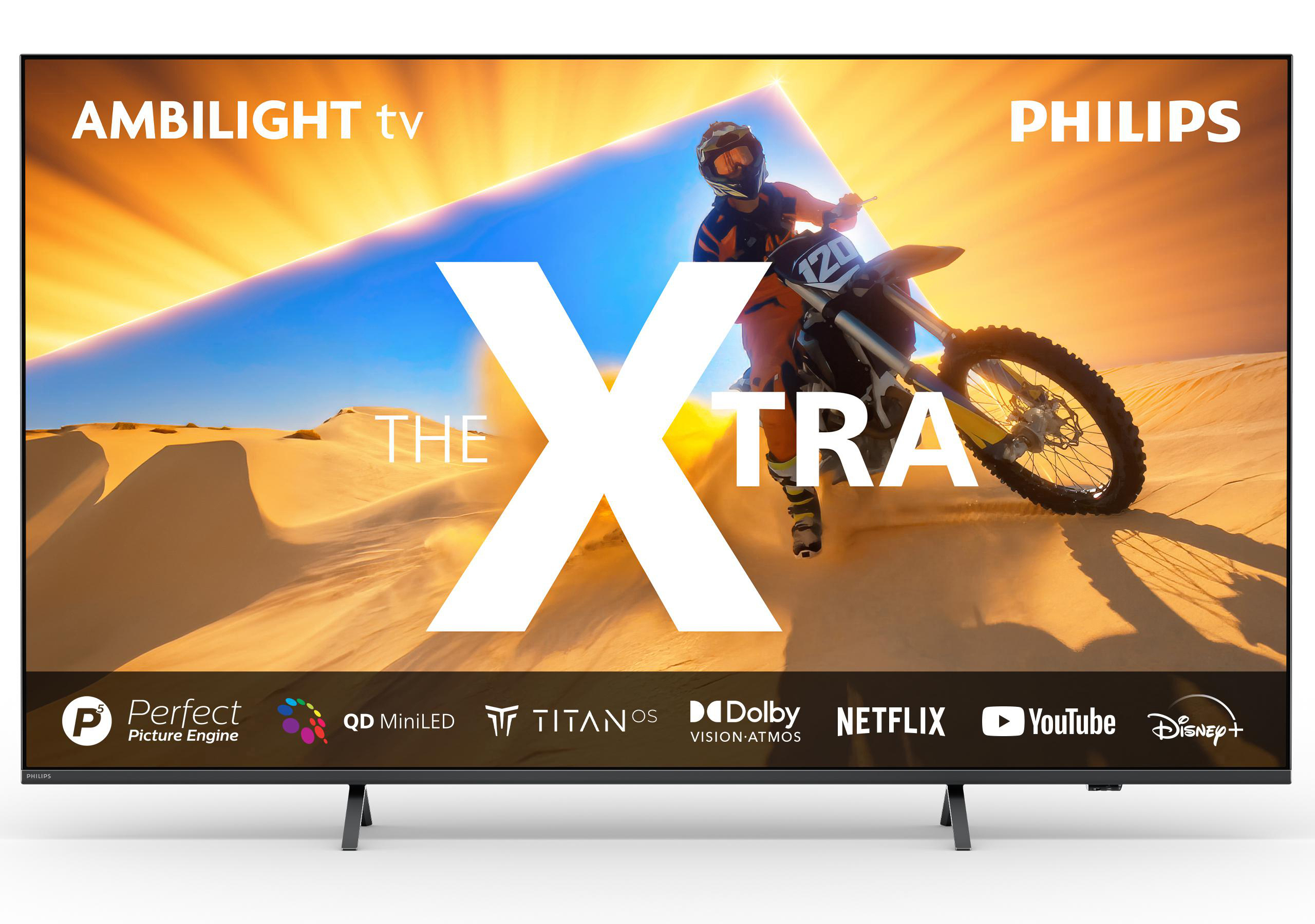 Philips Ambilight TV mit Wüstenlandschaft, Motorradfahrer und Text.