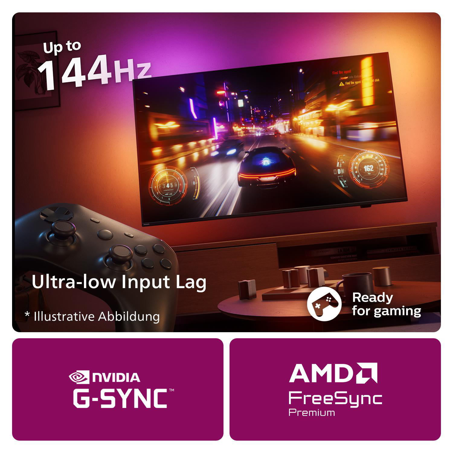 TV mit Rennspiel, Controller unten, Nvidia & AMD Grafikkarten-Logos.