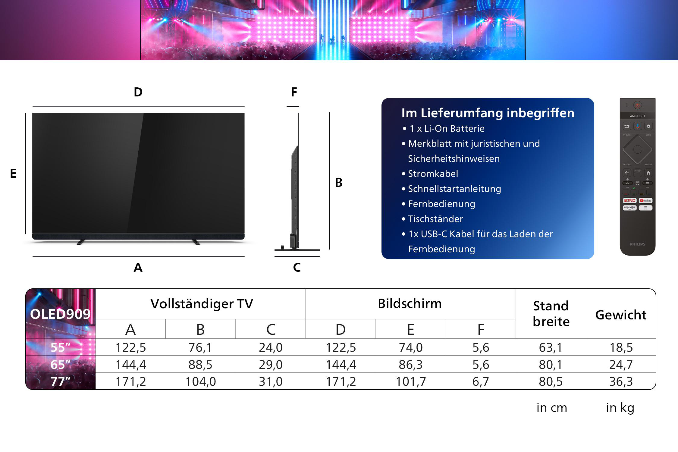 Ein Fernsehbildschirm mit Abmessungen und Spezifikationen. Der Fernseher ist schwarz, daneben ist eine Fernbedienung.