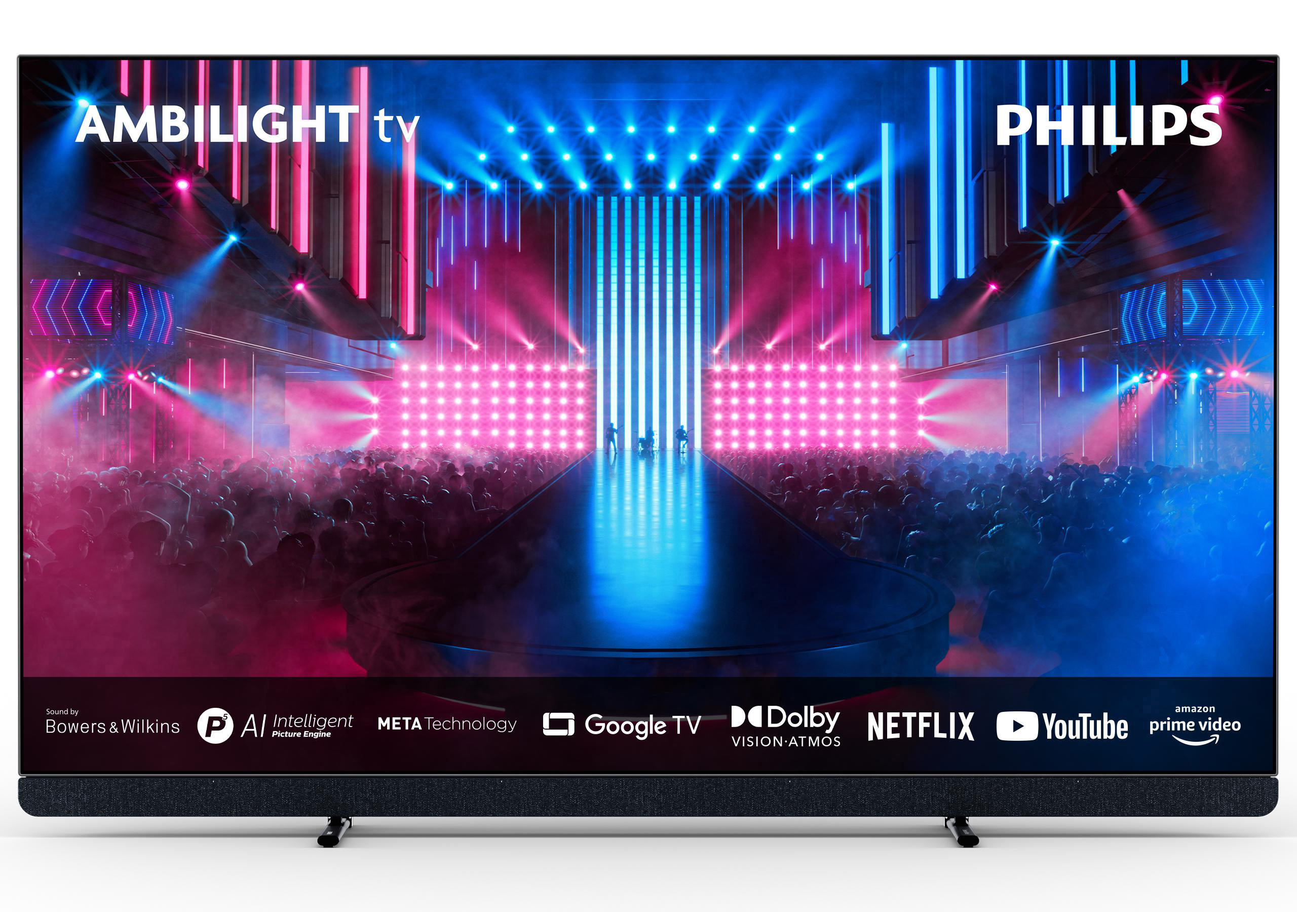 Ein Philips Ambilight TV zeigt eine Bühne mit Lichtern, Publikum.