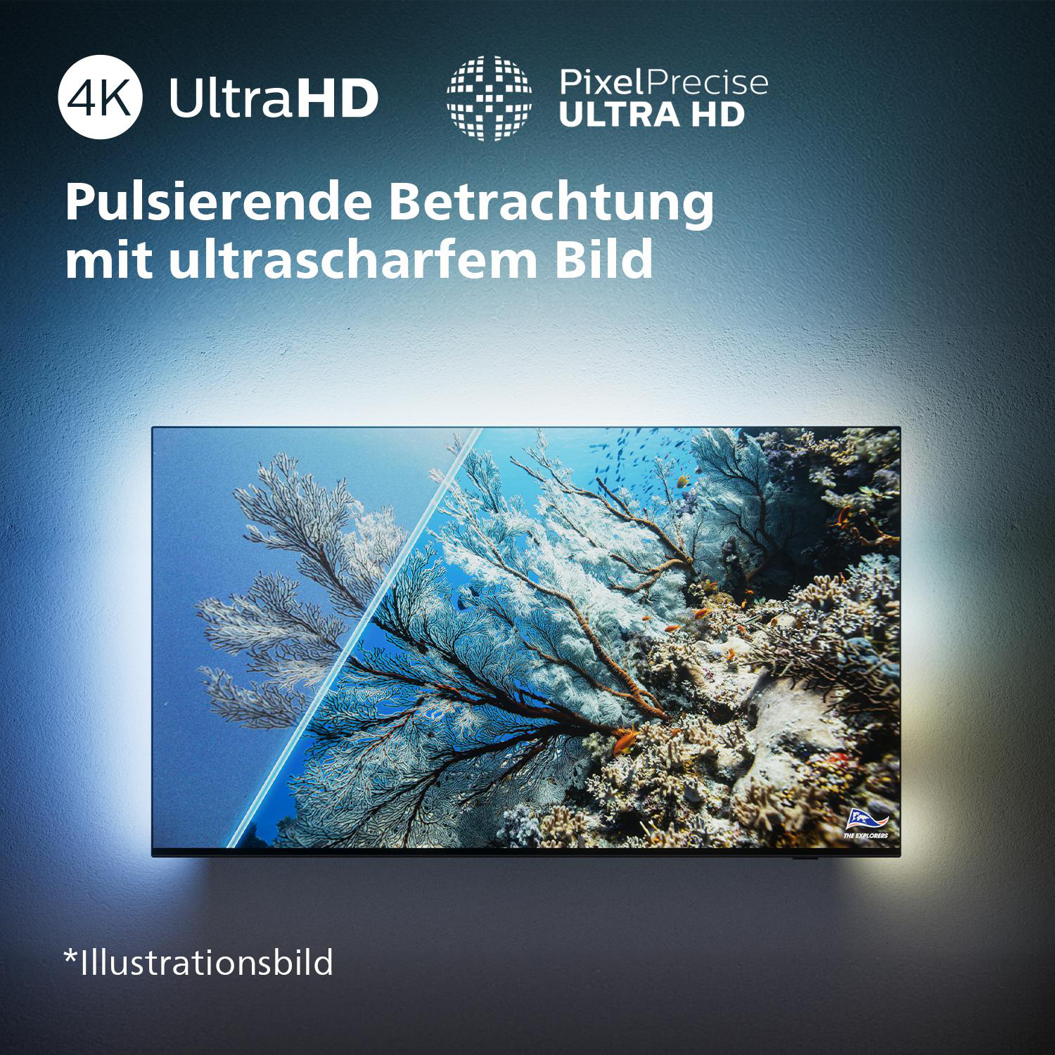 Ein Fernsehbildschirm zeigt Unterwasserszenerie, Text: 4K Ultra HD und Pixel Precise Ultra HD.