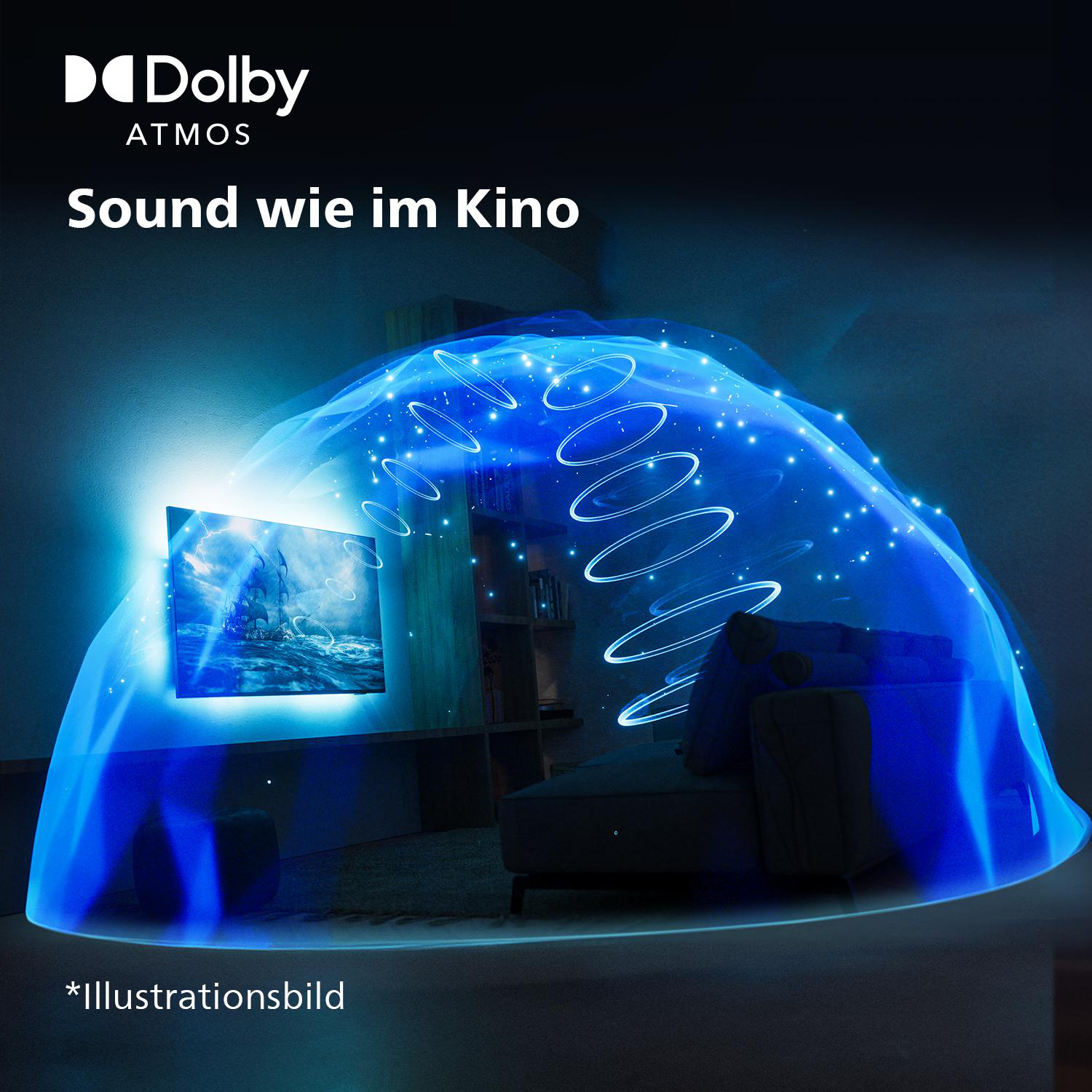 Ein Wohnzimmer mit einem Fernseher, der einen blauen Soundeffekt zeigt.