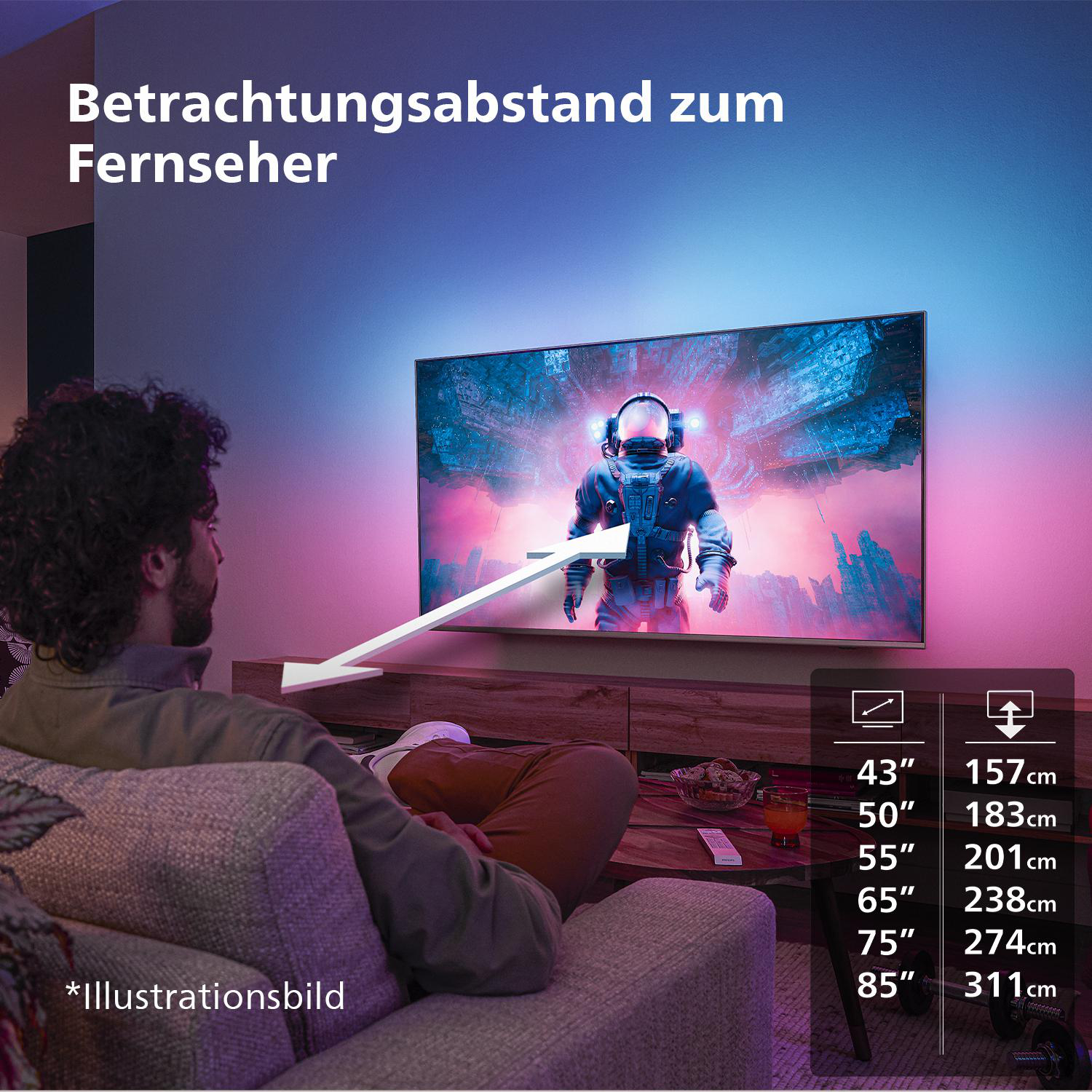 Ein Mann sitzt auf einem Sofa und schaut fern. Der Fernseher zeigt eine Weltraumszene mit einer Tabelle der Betrachtungsabstände.