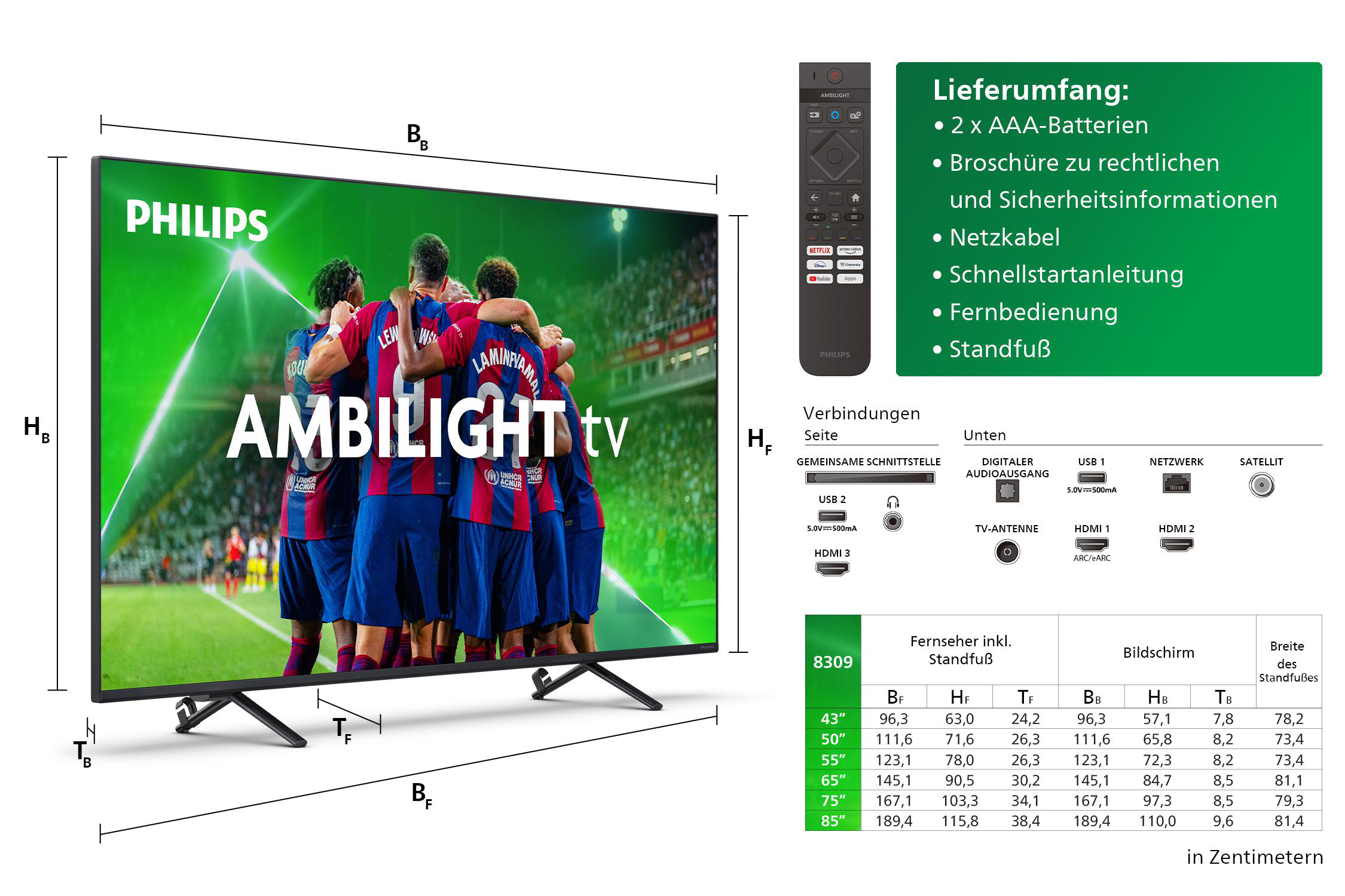 Ein großer Fernseher, der ein Fußballspiel zeigt. Daten und Fernbedienung rechts.