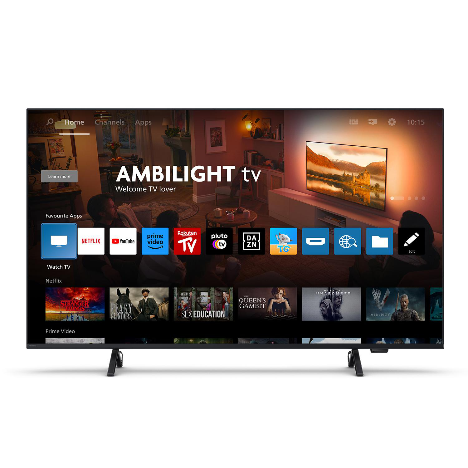 Ein großer Ambilight-Fernseher mit Apps auf dem Bildschirm. Zeigt Stranger Things, Vikings und andere Shows.