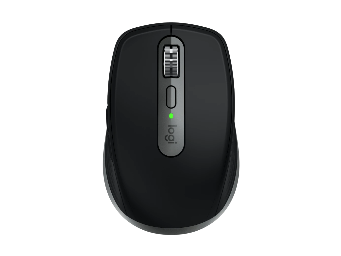 Egy fekete Logitech egér görgetőkerékkel, gombbal és a Logitech logóval.