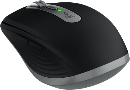 Fekete-szürke Logitech egér görgetőkerékkel és két oldalsó gombbal.