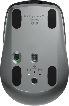 Egy szürke Logitech MX Anywhere 3S egér alja gombokkal és kapcsolóval.