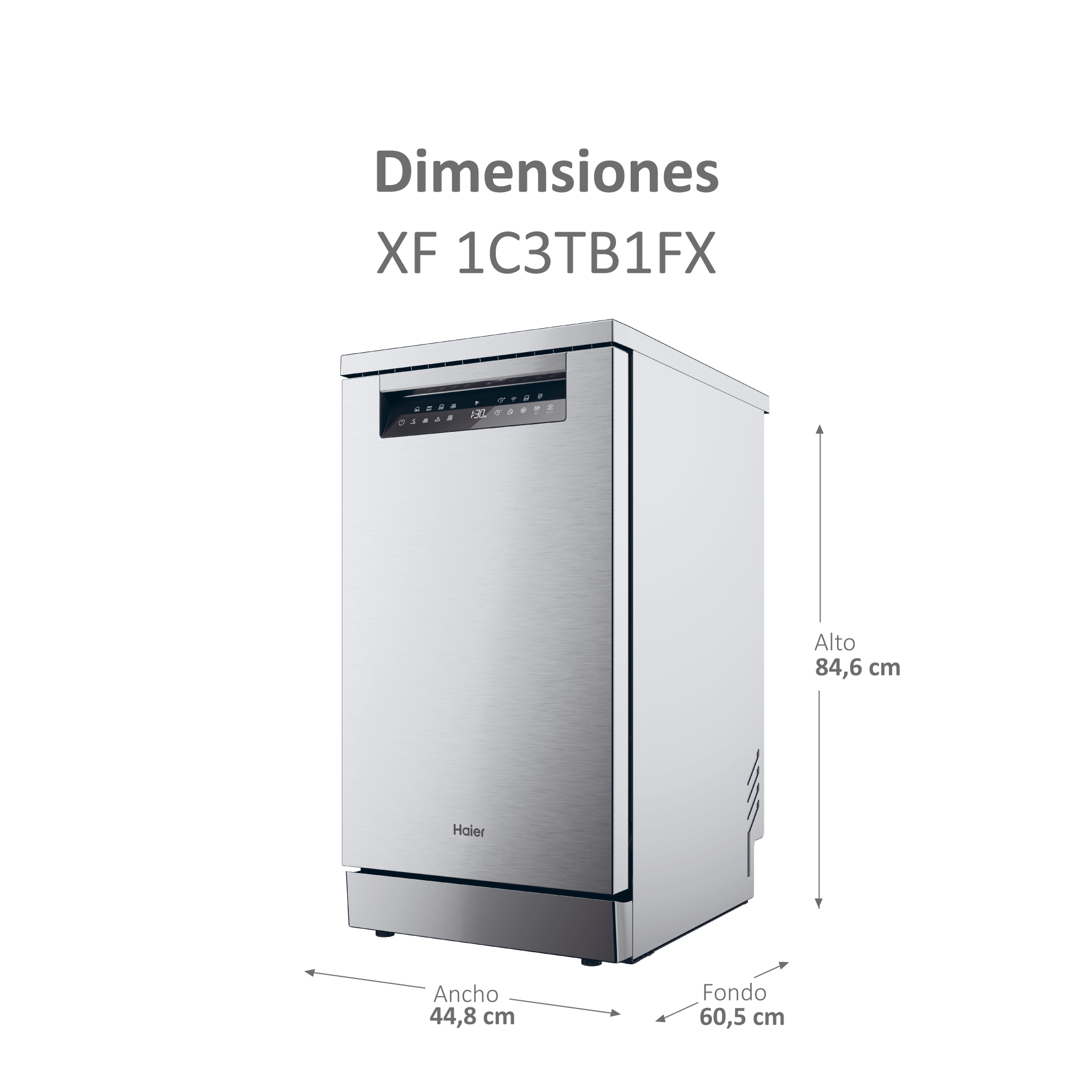 Un lavavajillas Haier plateado con dimensiones. Las dimensiones se indican con flechas.