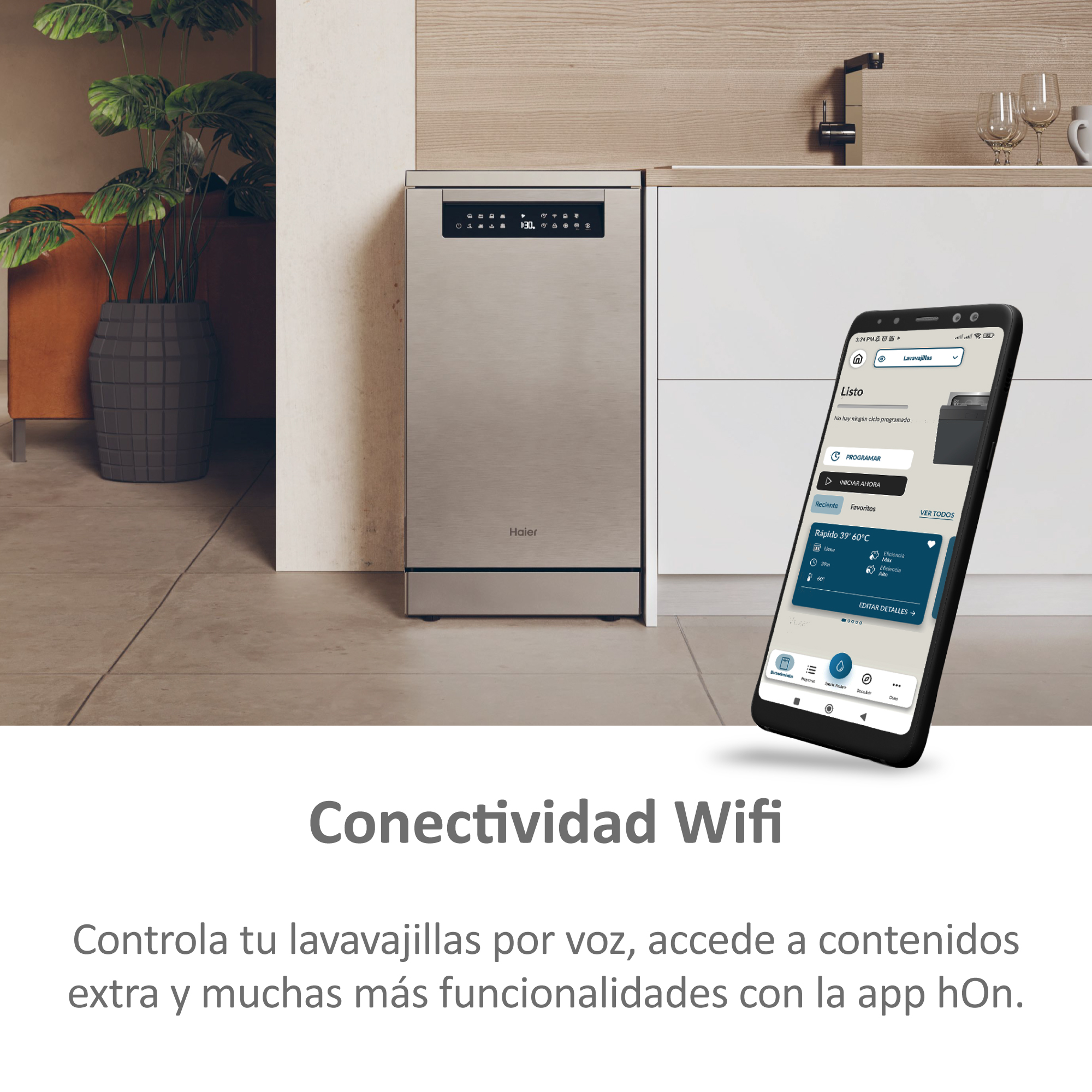 Un lavavajillas, un smartphone mostrando controles de la app y una cocina detrás.