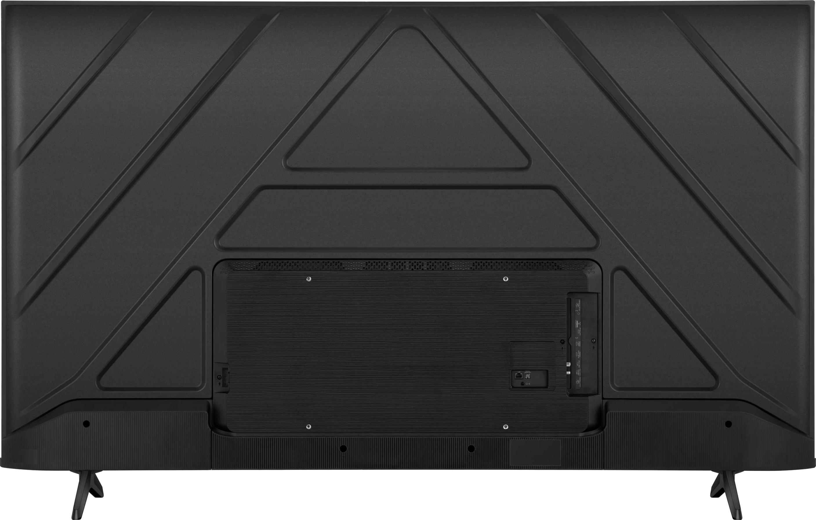 Schwarze TV-Rückwand mit Anschlüssen und diagonalem Design.