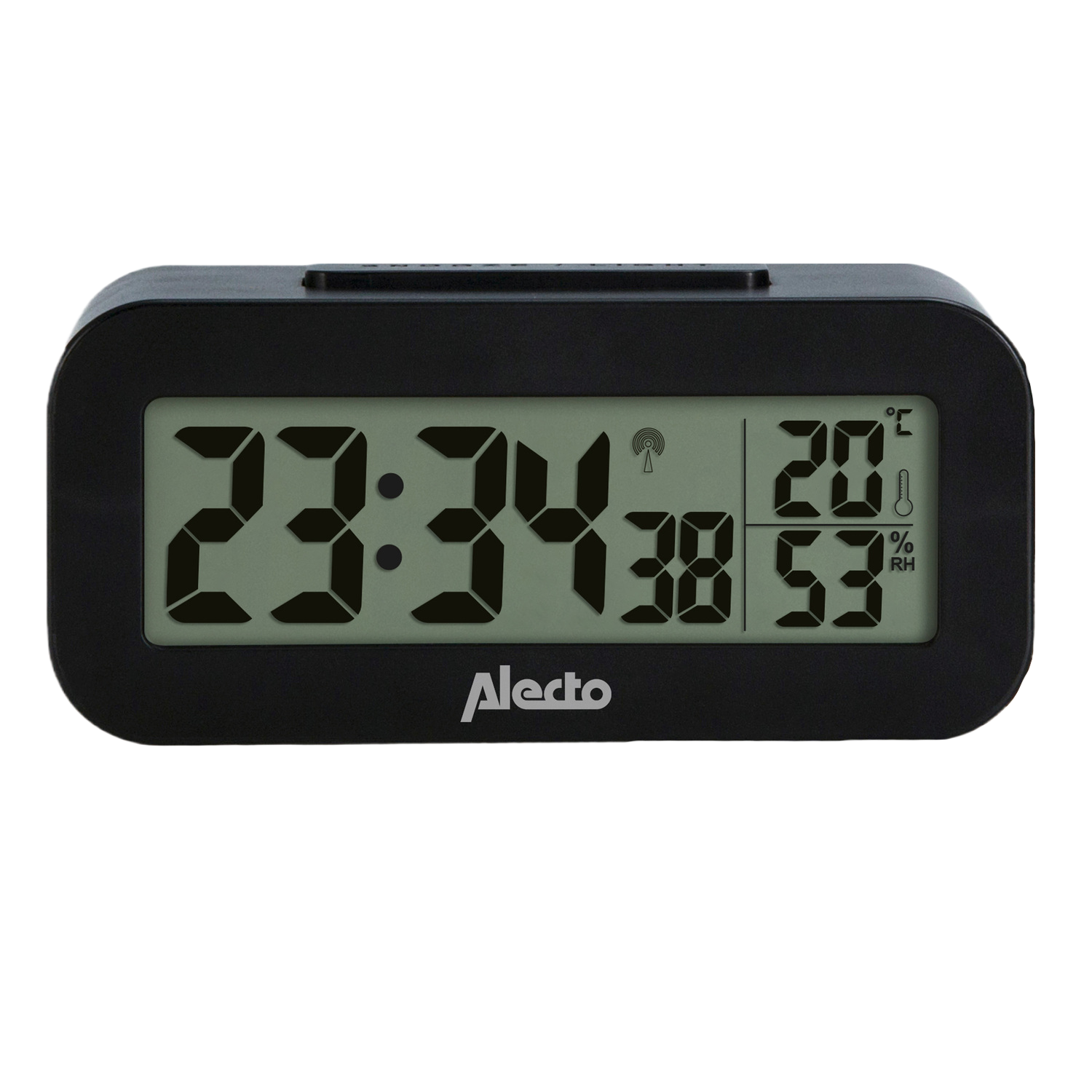 Une horloge numérique noire affichant l'heure, la température et l'humidité.