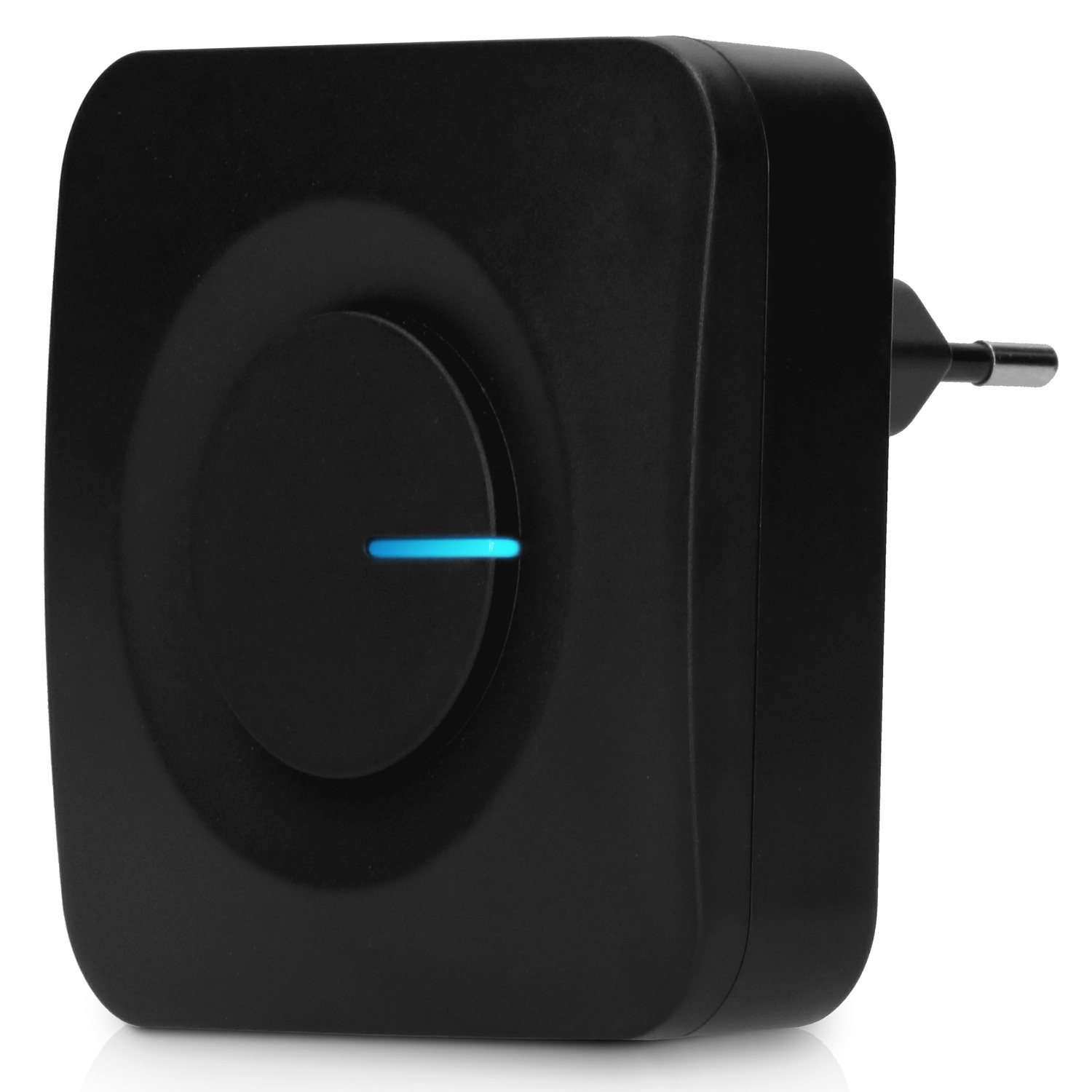 Black smart plug with a blue light. It's a square shape with a rounded edge.