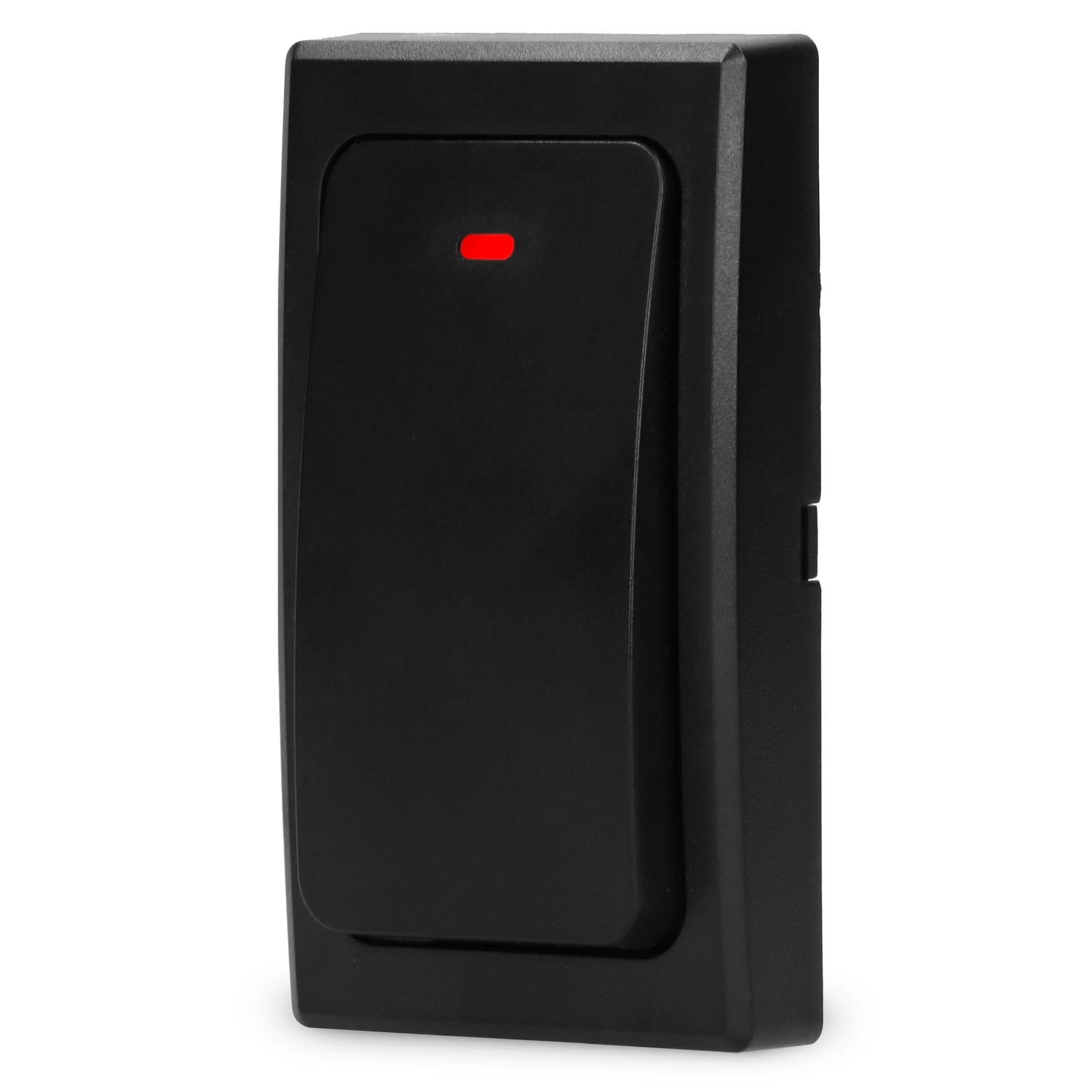 Black rectangular button with a red indicator light. White background.