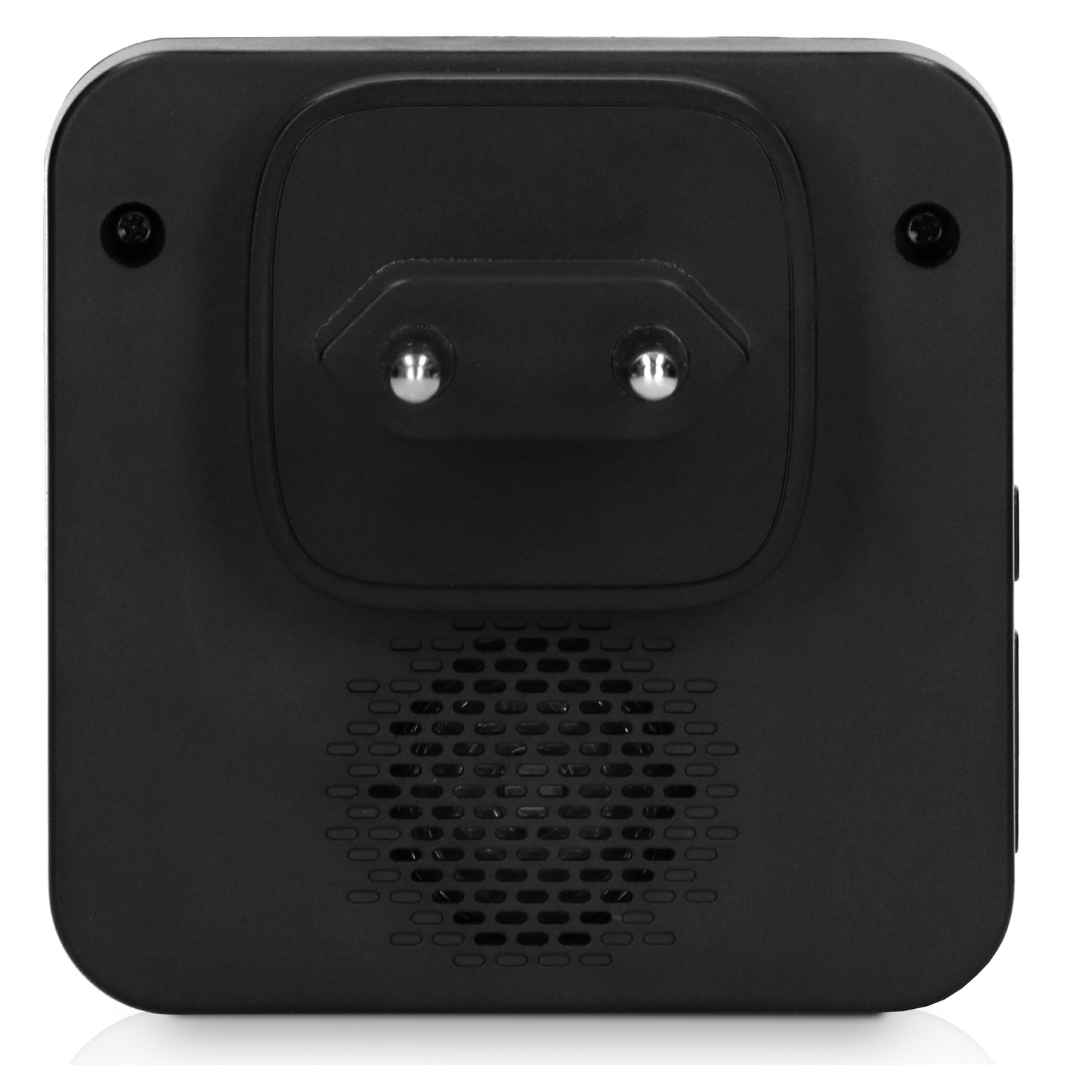 A black plug-in device with two prongs and a speaker grill.
