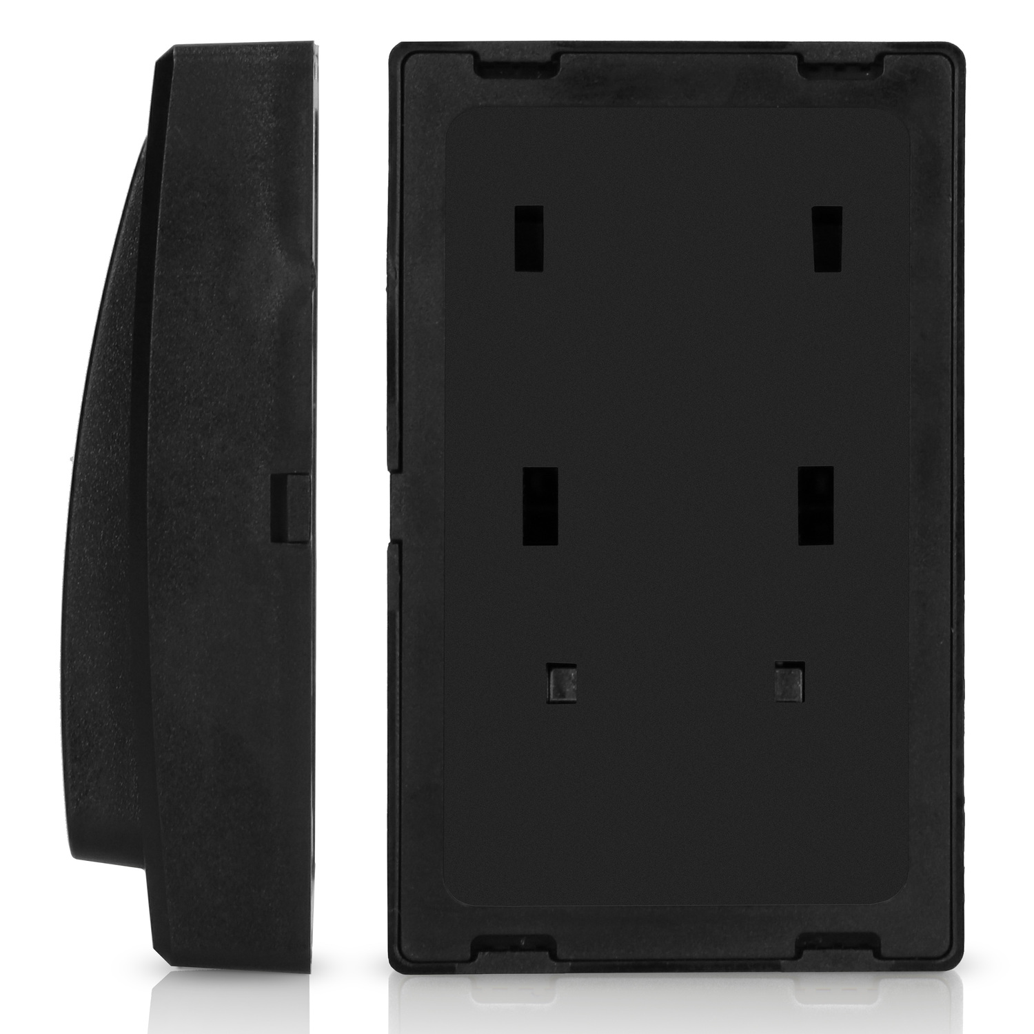 A black device with a curved front and a flat back with mounting holes, likely a security system component.