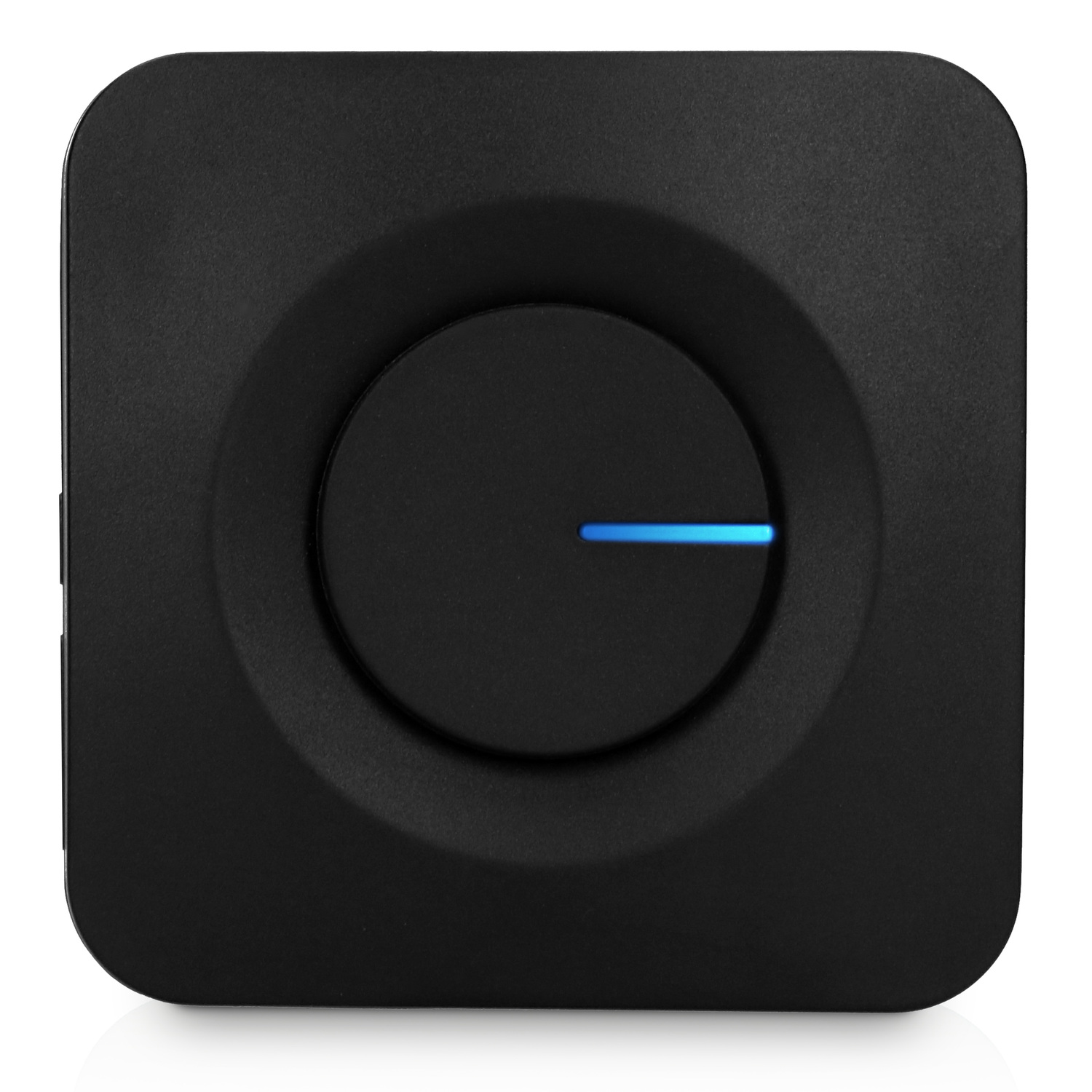 Black square device with a central circular button and a horizontal blue light.