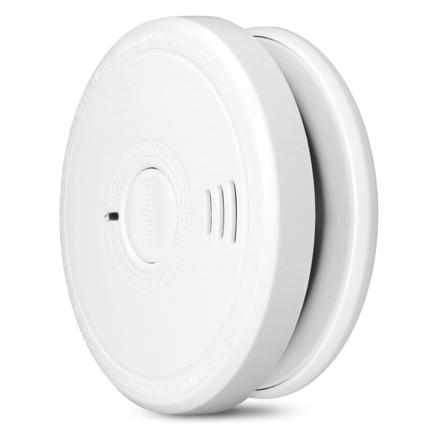 White smoke detector with a test button and vents, close-up view.