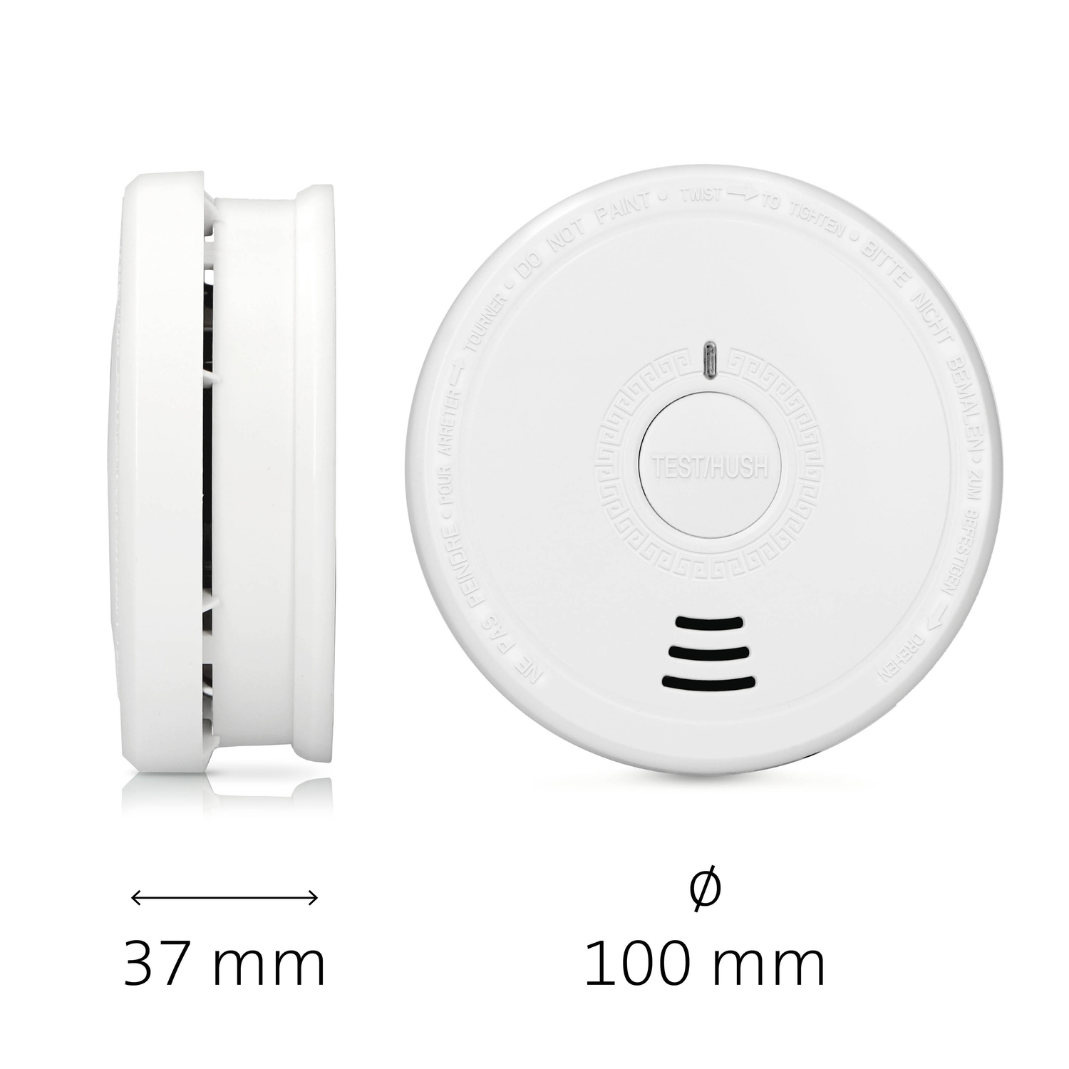 Smoke detector profile view, white with dimensions: 37mm x 100mm.