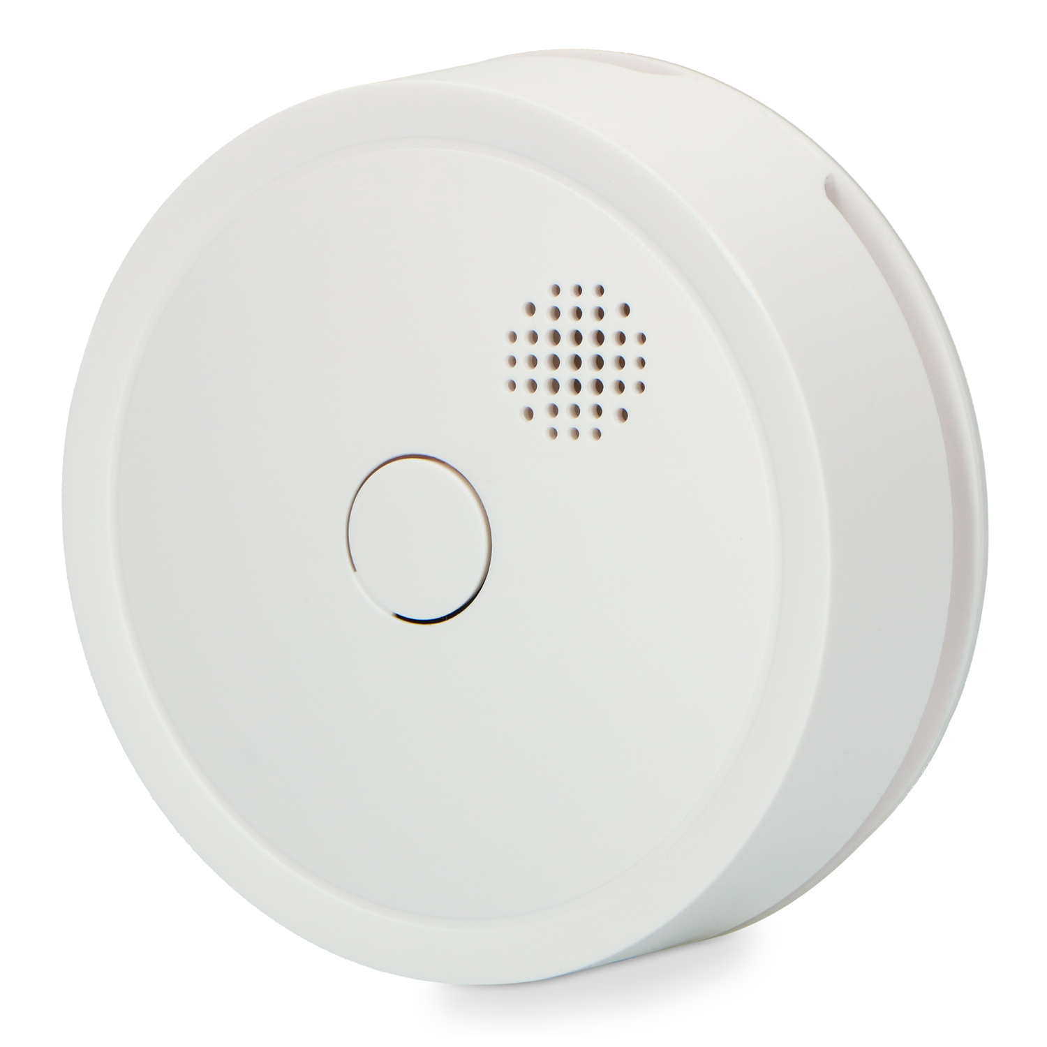 Détecteur de fumée blanc et rond avec haut-parleur et bouton.