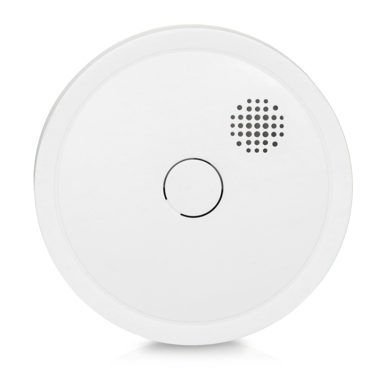 Un détecteur de fumée blanc avec un design circulaire et une ouverture centrale.