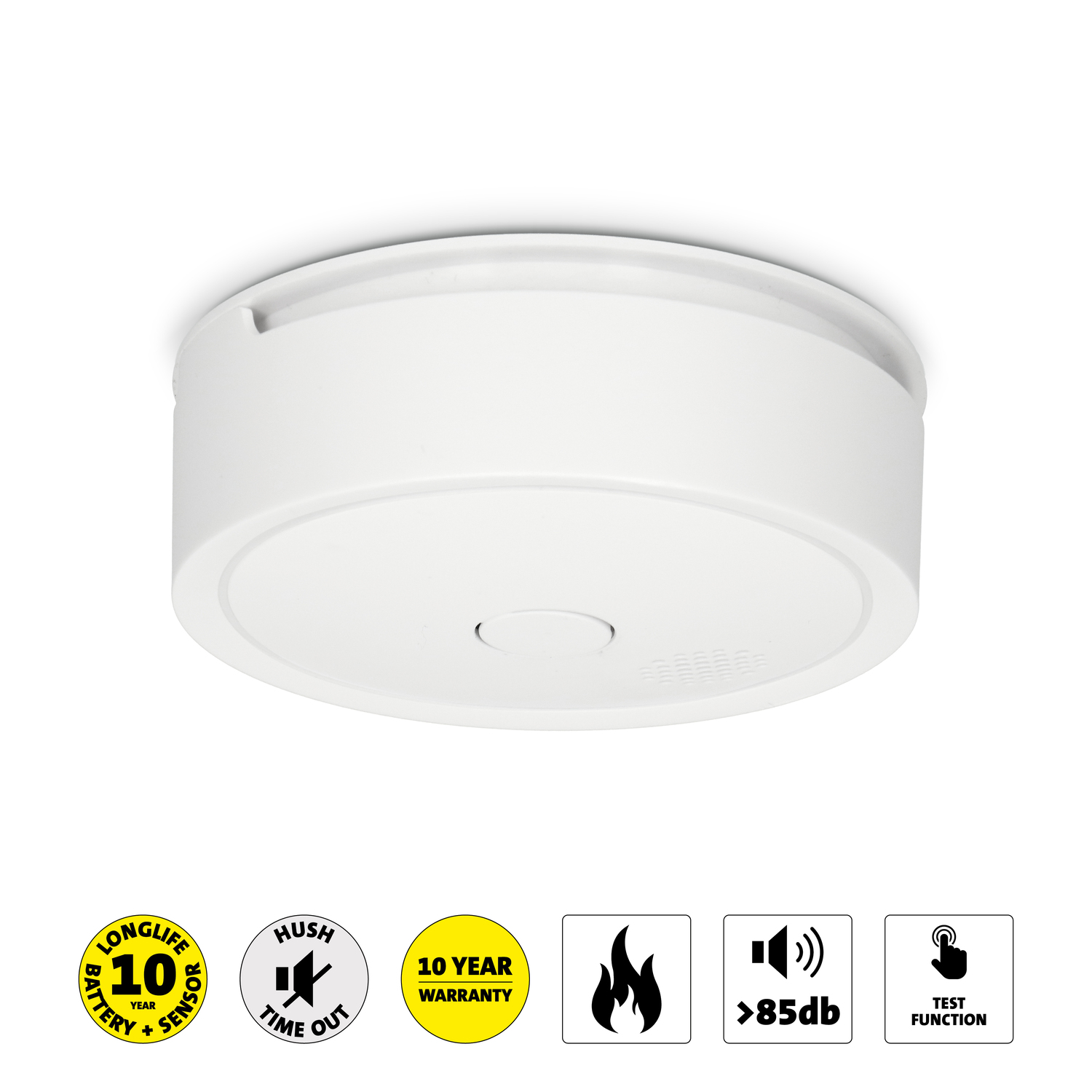 Détecteur de fumée blanc au plafond avec icônes : batterie, garantie, feu, son et test.